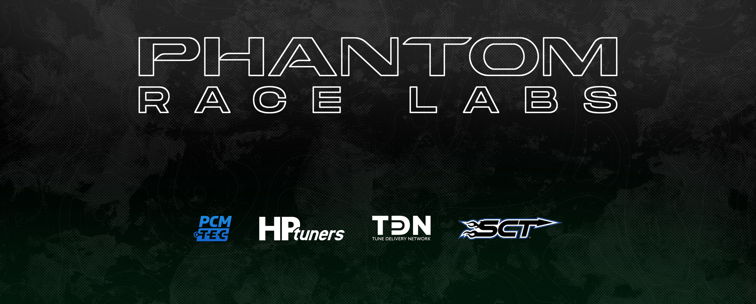 Dark promotional banner for Phantom Race Labs with large outlined white text, logos of PCM TEC, HP Tuners, TDN, and SGT at the bottom.