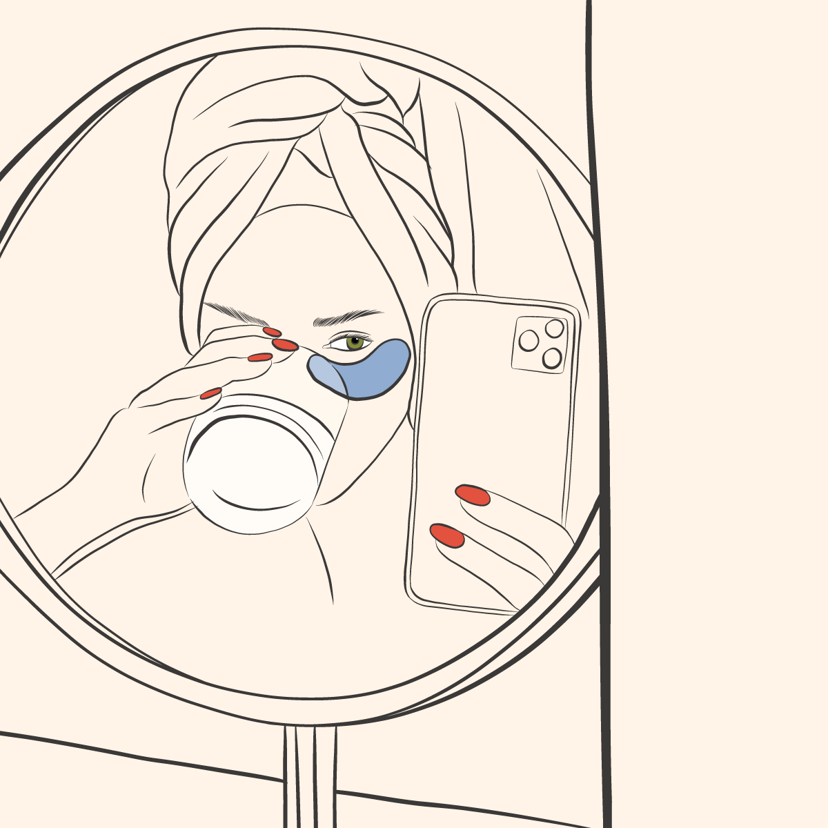 A woman with a towel wrapped around her head, wearing an eye patch, taking a selfie in the mirror while holding a cup and a smartphone.