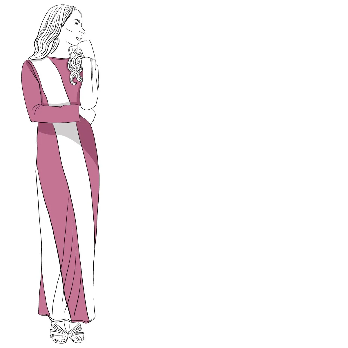 Illustration of a woman with long wavy hair wearing a pink and white long dress, standing with one hand on her chin.