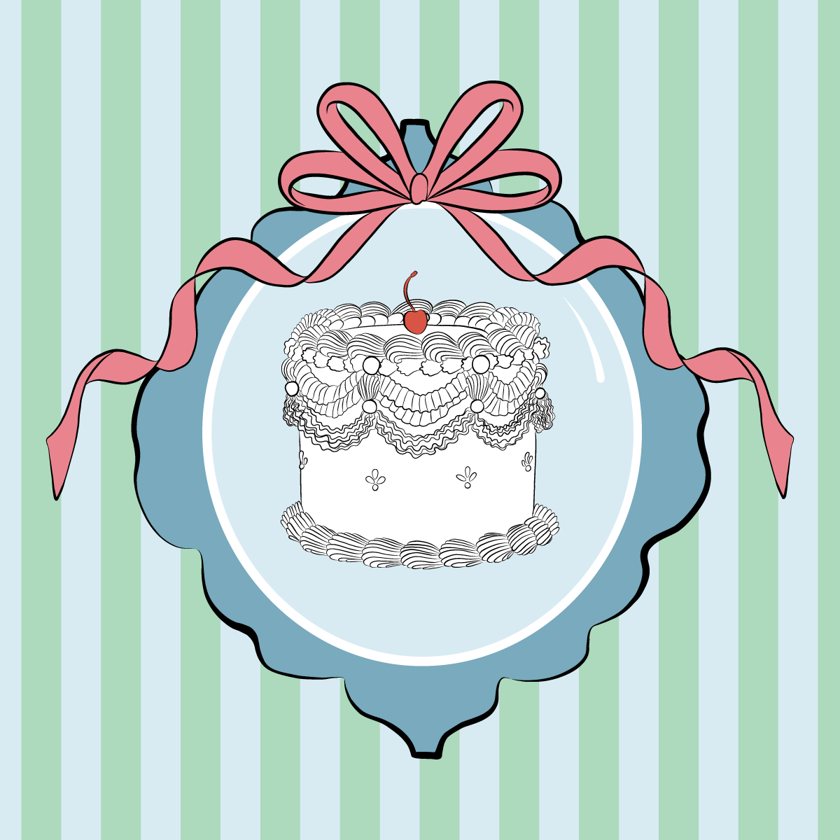 A decorated cake with frosting, cherries, and decorative elements, displayed on a table with a pink ribbon bow on top, set against a green and light blue striped background.