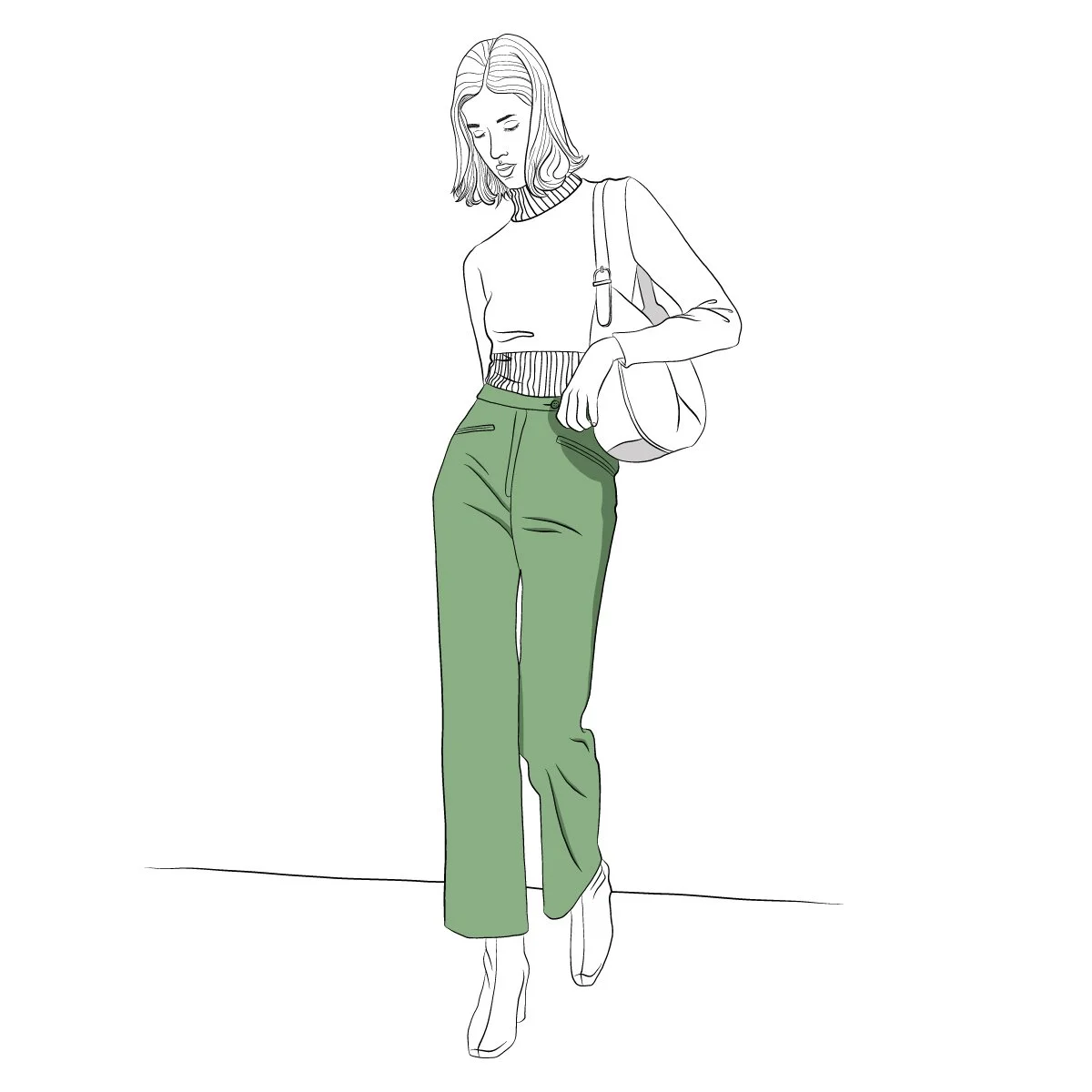 A line drawing of a woman standing, wearing green high-waisted pants, a long-sleeved shirt with a striped pattern at the bottom, and holding a handbag over her shoulder.