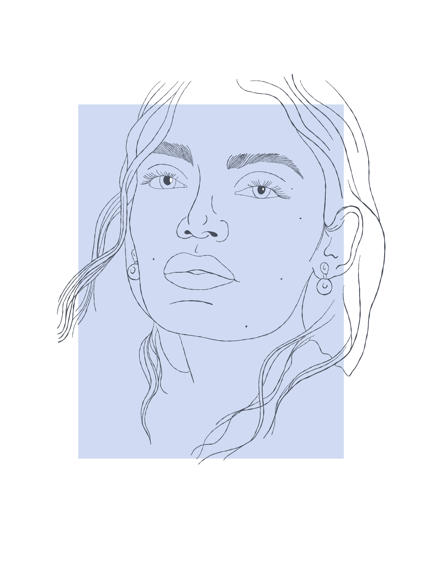 Line drawing of a woman's face with long hair, earrings, and prominent eyebrows over a blue rectangular background.