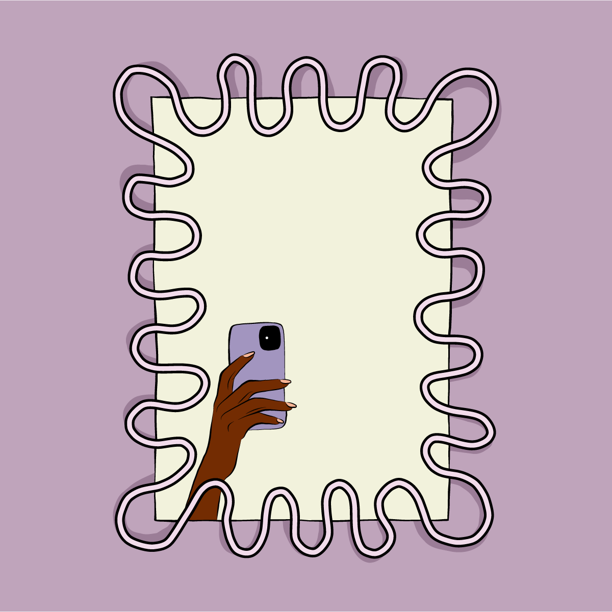 An illustration of a hand holding a smartphone, taking a selfie in front of a blank piece of paper with a decorative wavy border on a purple background.