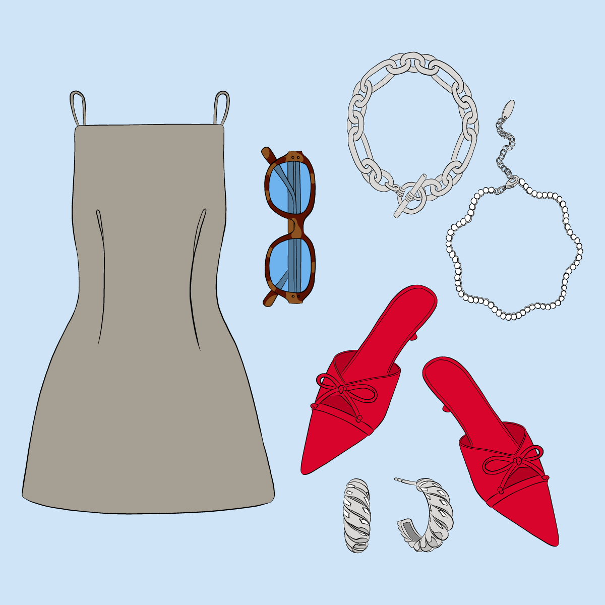 Collection of fashion accessories including red high heel shoes, silver hoop earrings, sunglasses with tortoiseshell frames and blue lenses, layered pearl necklaces, a chunky silver chain bracelet, a grey sleeveless dress, and a red handbag.