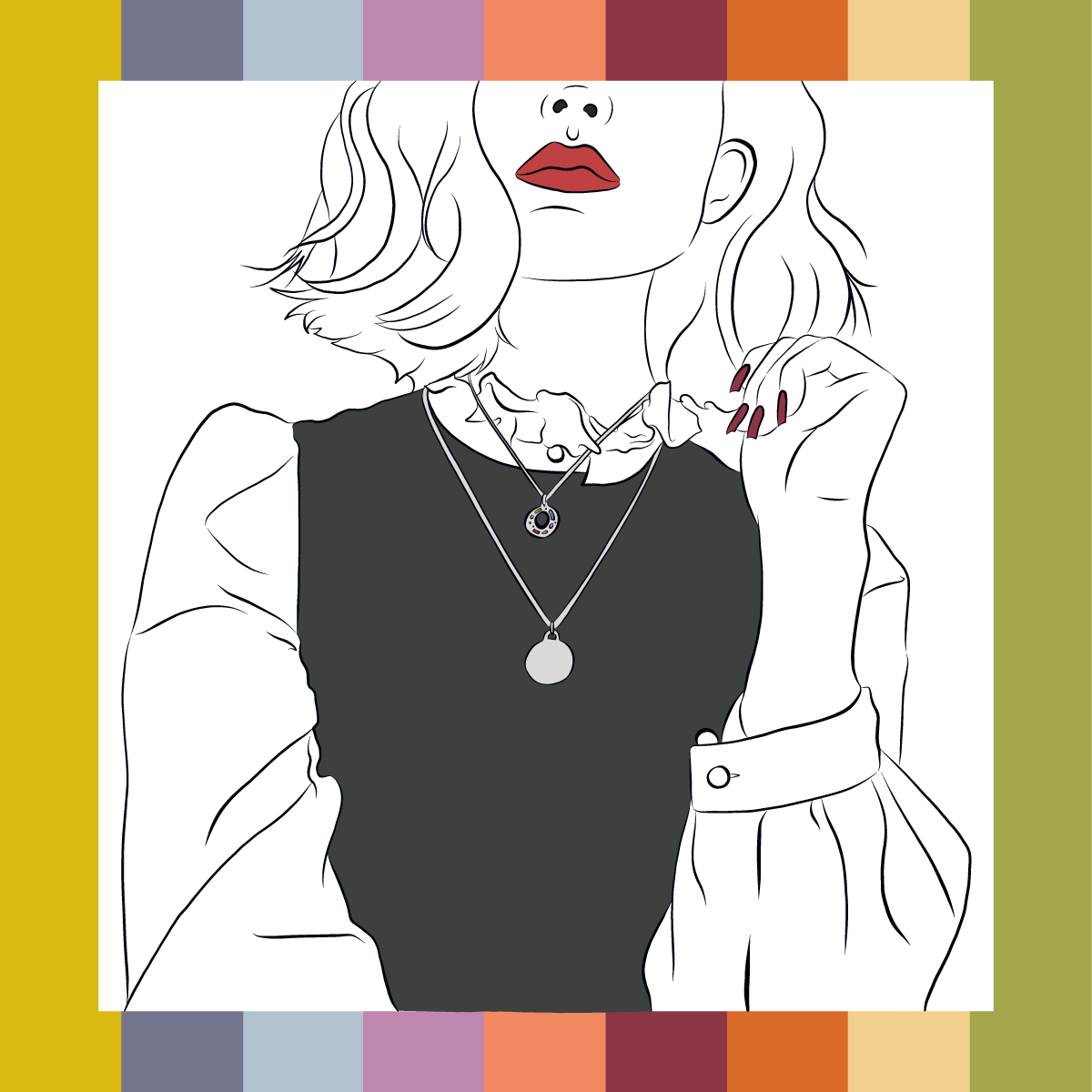 Line art illustration of a woman with wavy hair, lipstick, and jewelry, with color palette border at top and bottom.