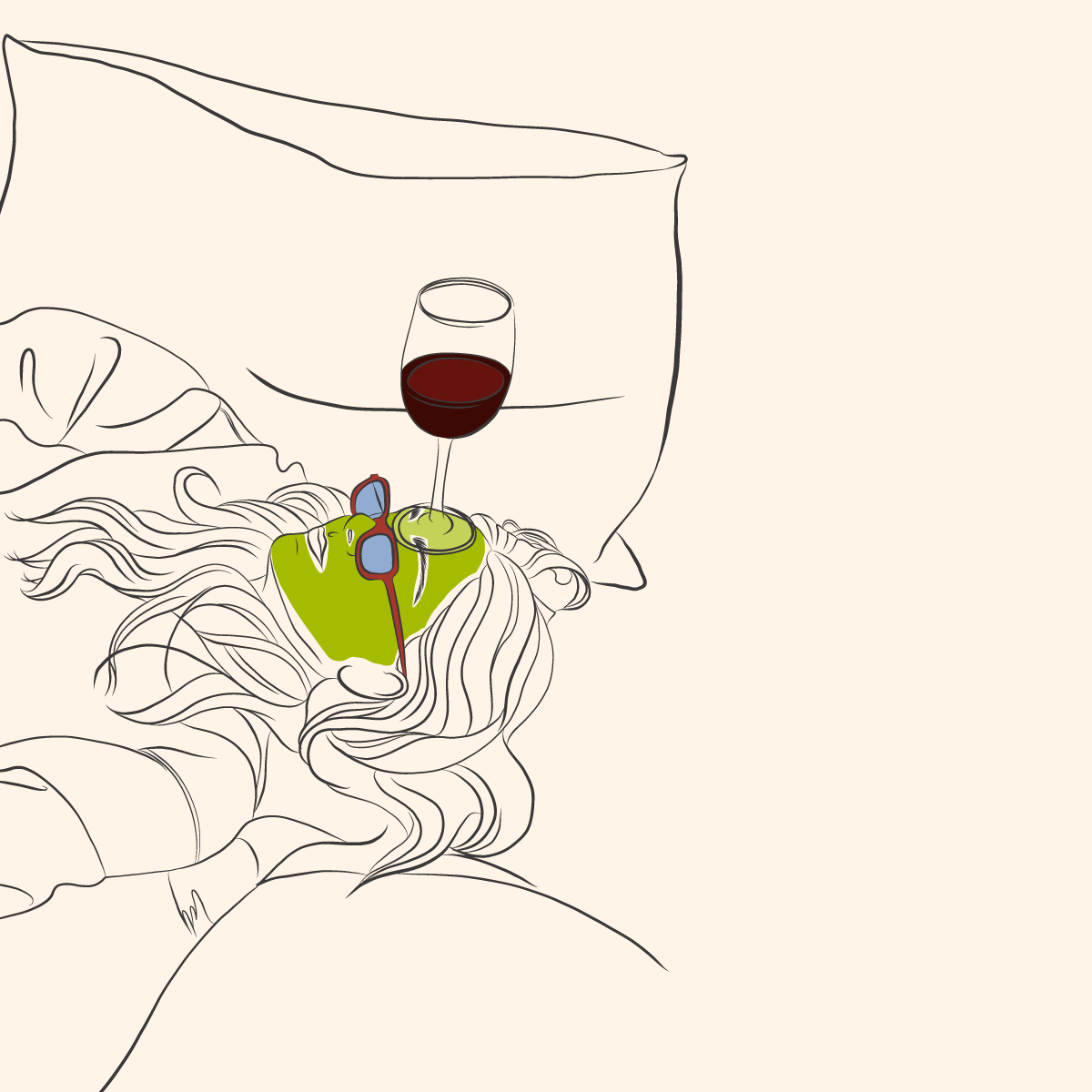Line drawing of a woman with long hair lying down with glasses on her forehead, a drink glass of red wine resting on her chest, and a pillow behind her head.