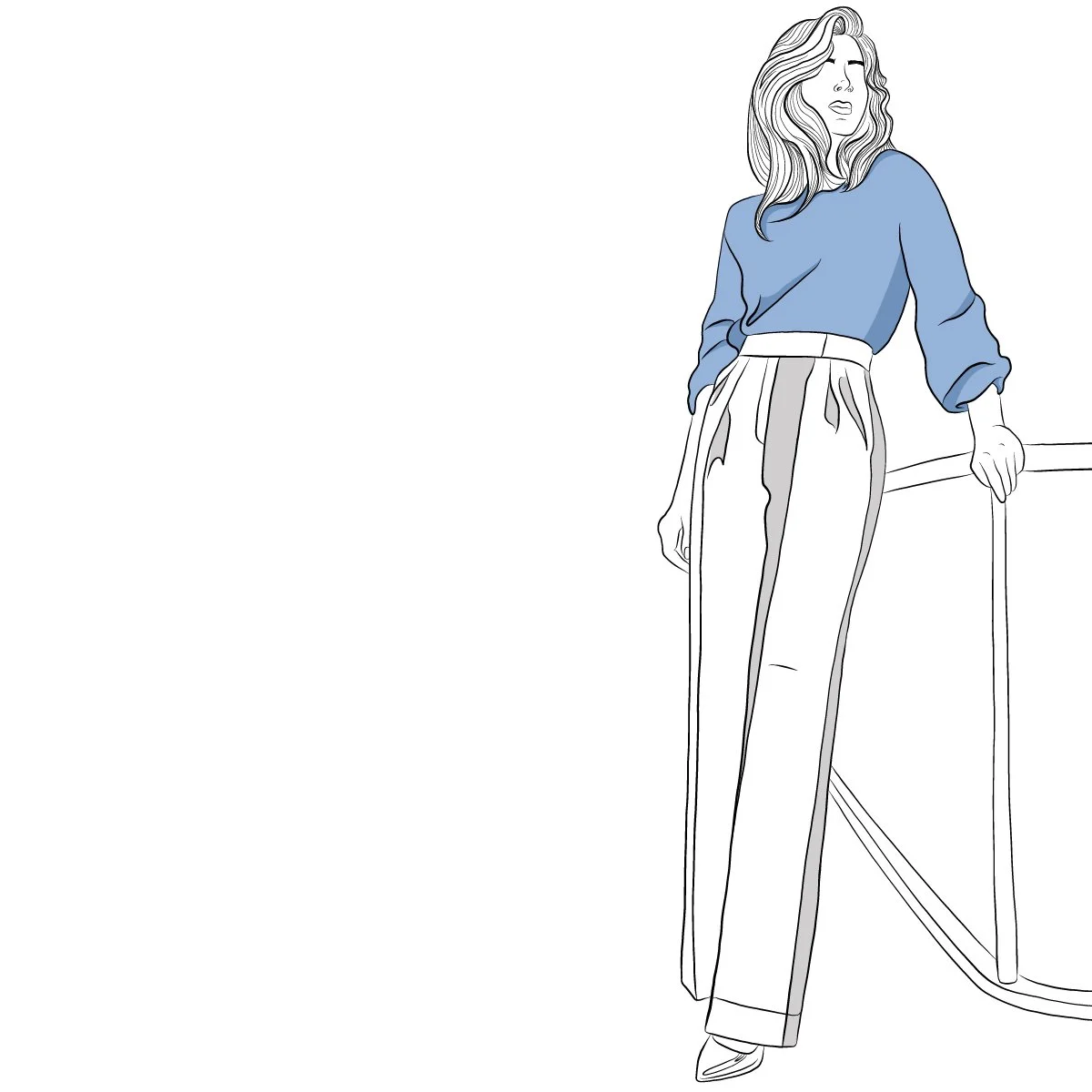 Fashion illustration of a woman in a blue top and wide-leg pants leaning against a table.