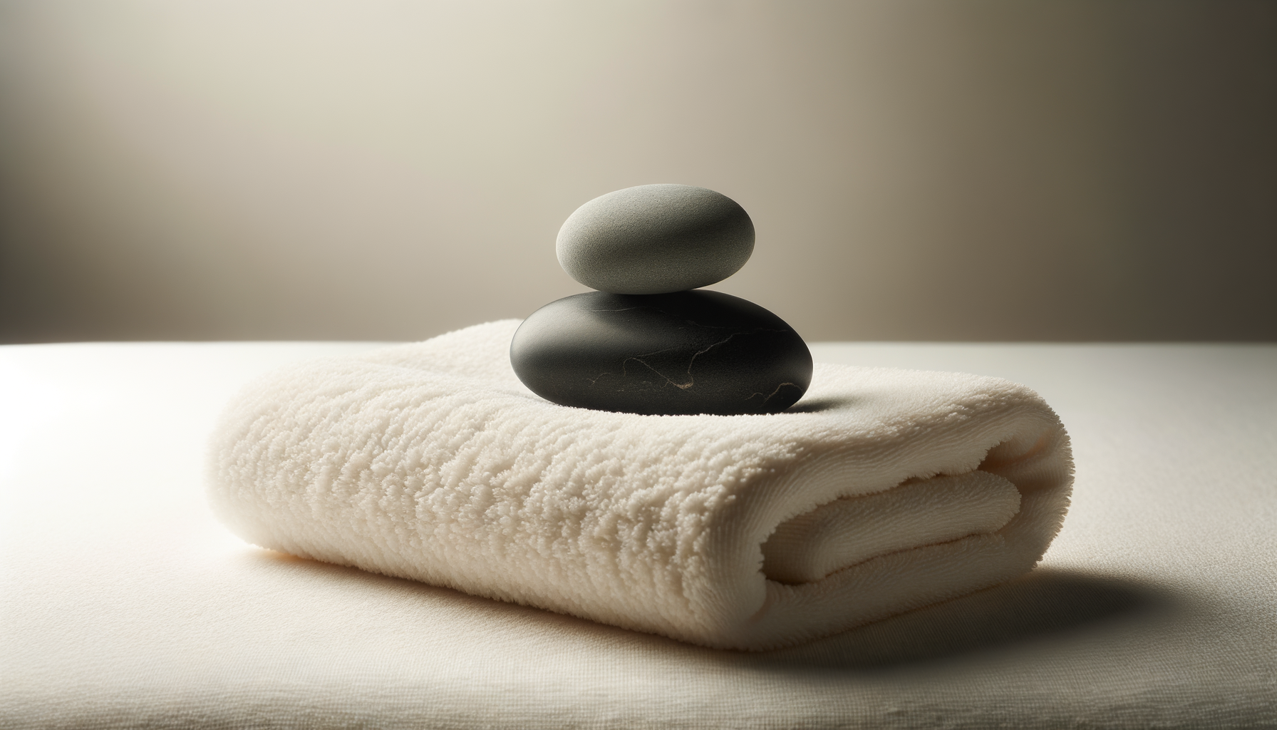 Two smooth stones stacked on a soft white towel with a neutral background.
