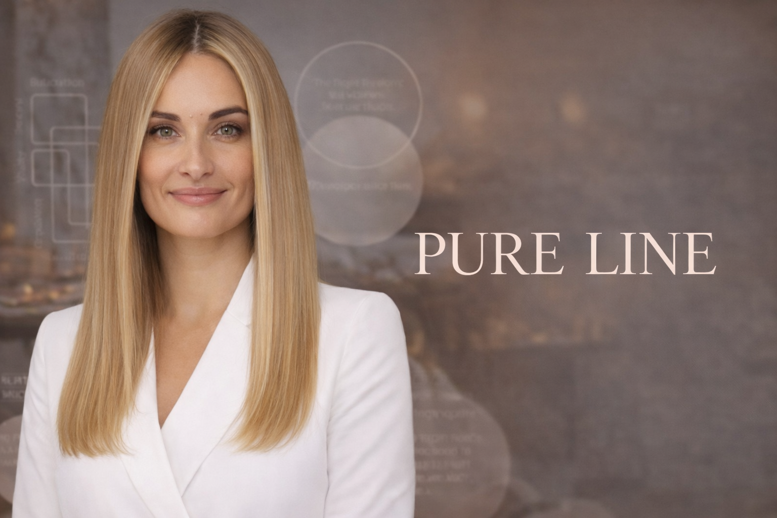 A woman with long blonde hair in a white blazer smiling at the camera with the text 'PURE LINE' to the right and blurred background.