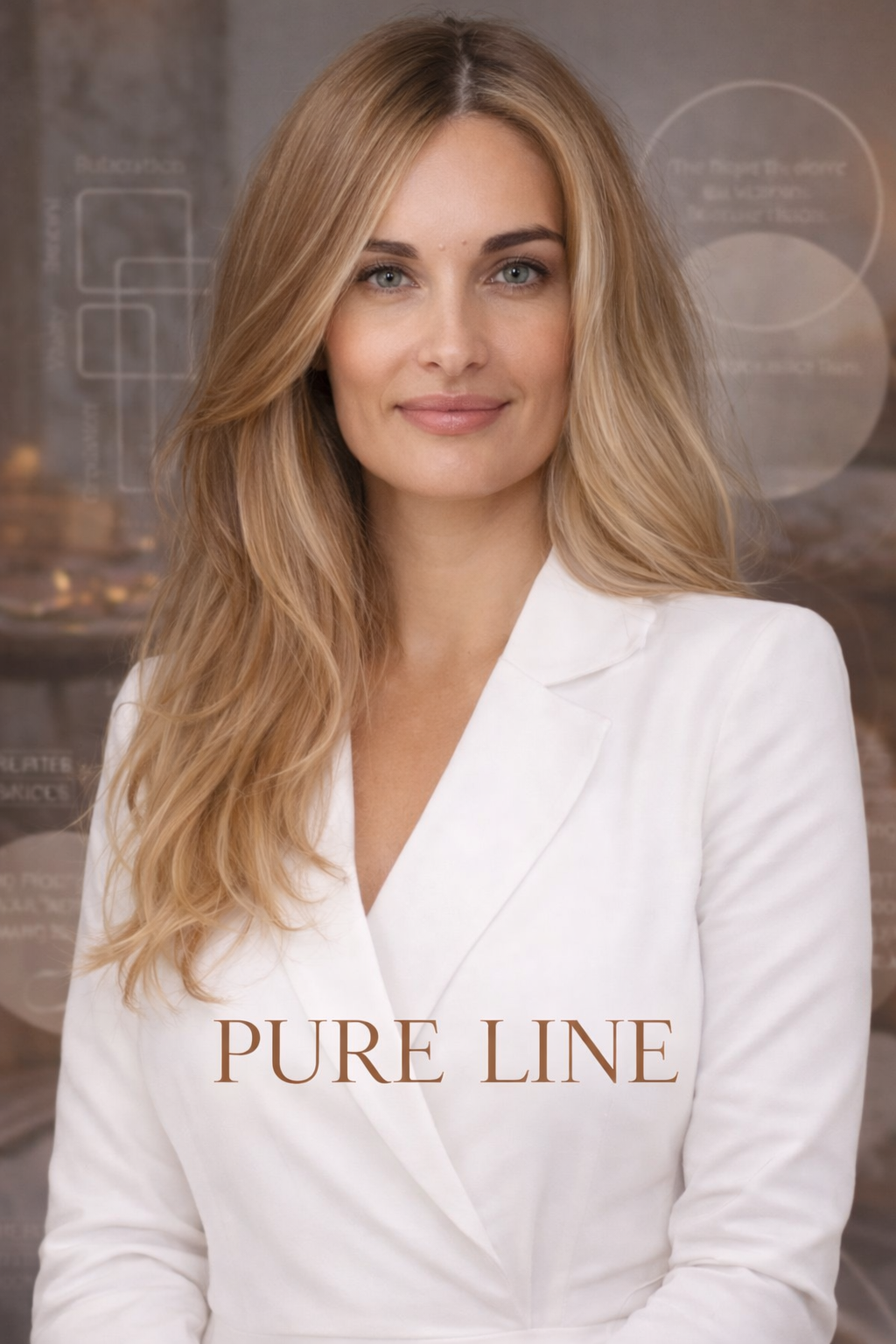A woman with long blonde hair wearing a white blazer, smiling, with the words 'PURE LINE' at the bottom.