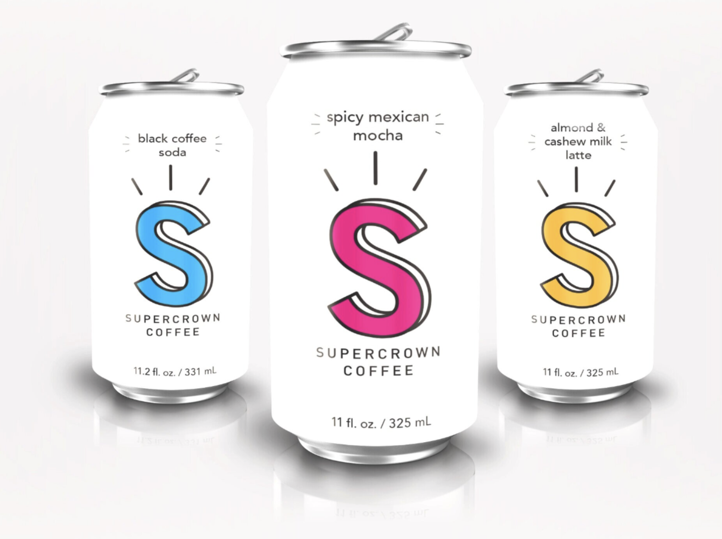 Three cans of Supercrown Coffee, featuring flavors: black coffee soda, spicy Mexican mocha, and almond & cashew milk latte.