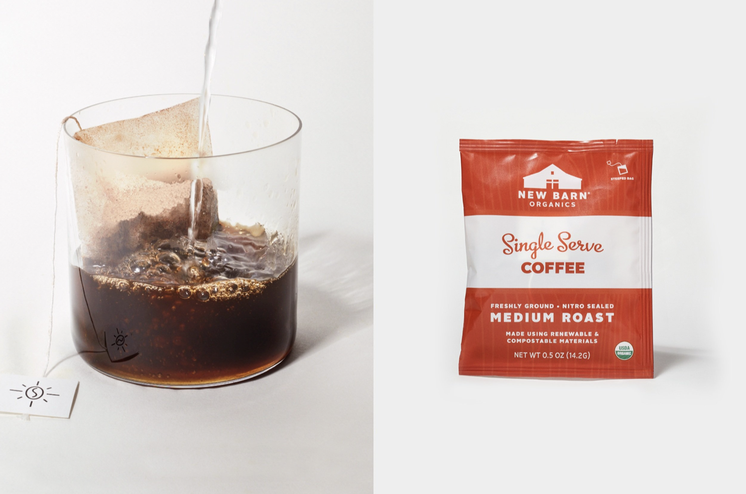 Glass of coffee with a coffee bag being brewed, and a package labeled "New Barn Organics Single Serve Coffee Medium Roast."