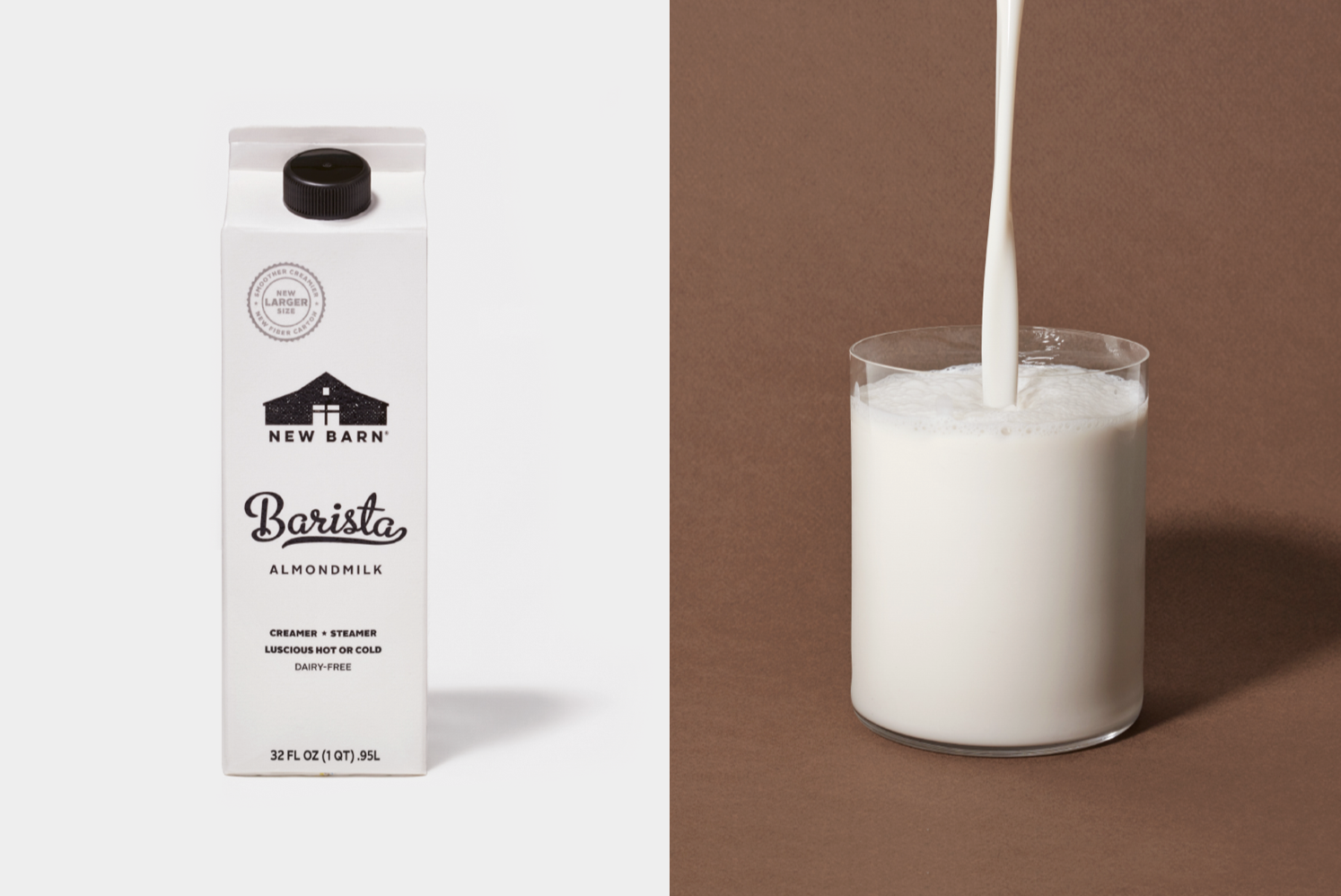 Carton of Barista almond milk next to a glass being filled with almond milk on a brown background.