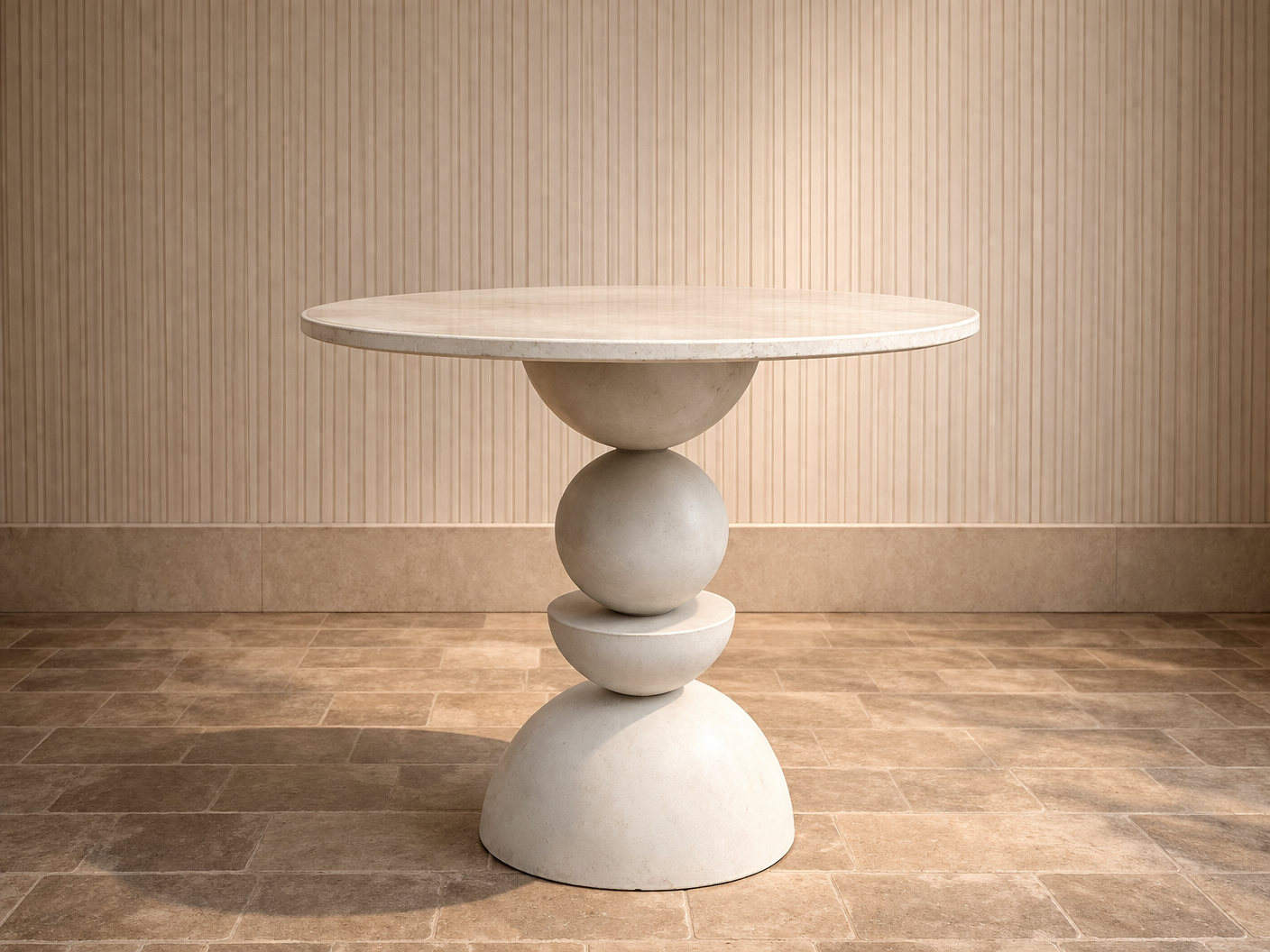 A modern, artistic beige table with a round top and uniquely shaped base made of spherical and semi-spherical forms, placed on a tiled floor against a light wood-paneled wall.