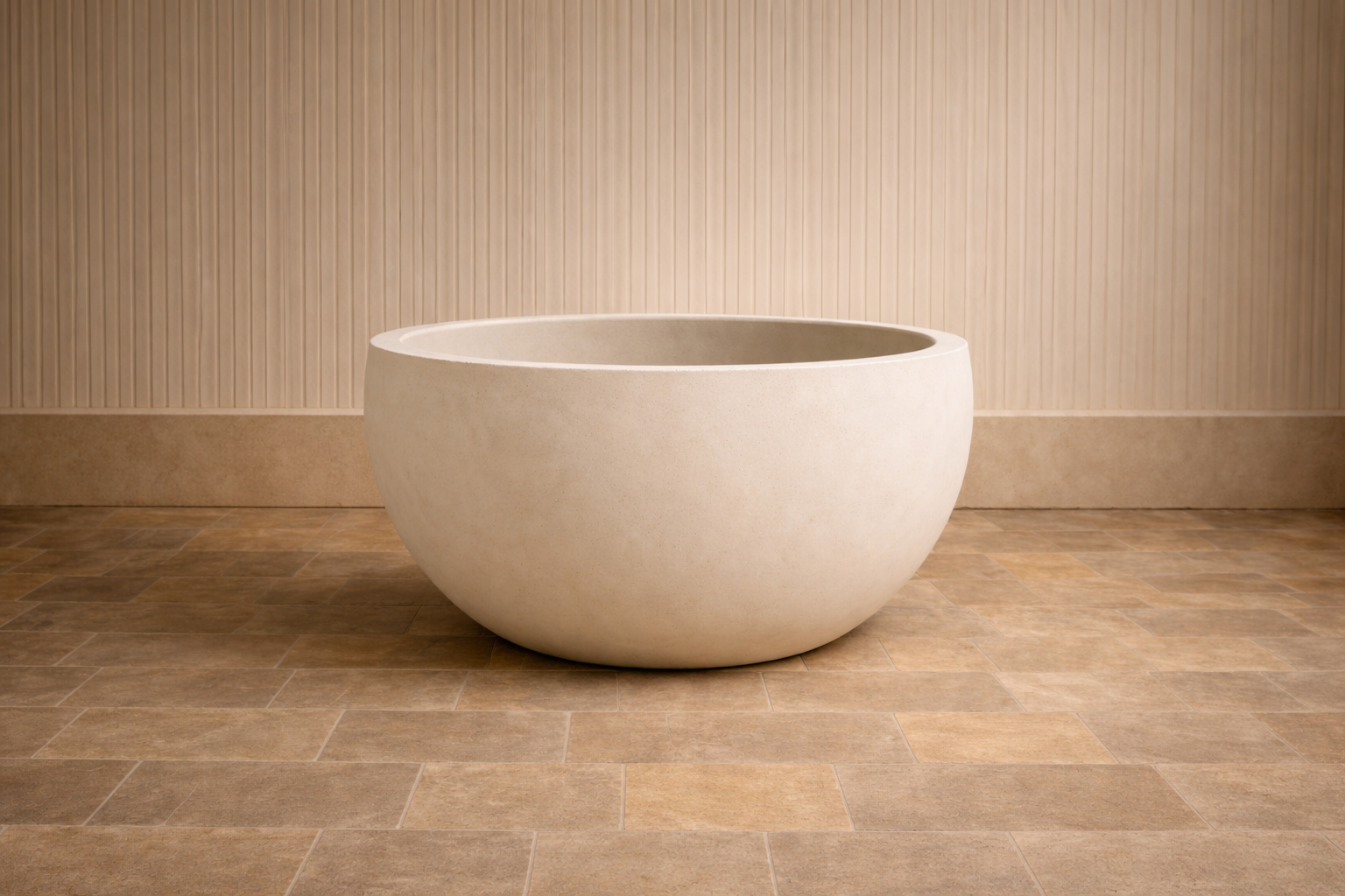 A large, round, light-colored stone bathtub placed on a tiled floor against a wooden wall background.