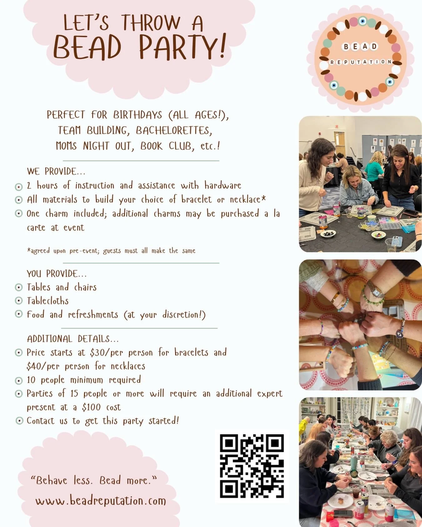 Today people crave community, creativity, and time to sit around the table and unplug&mdash;bead reputation is here to deliver that. 

From setting up a &ldquo;Bead Your Own&rdquo; table at events, to full-on bead bashes, Bead Reputation creates hand