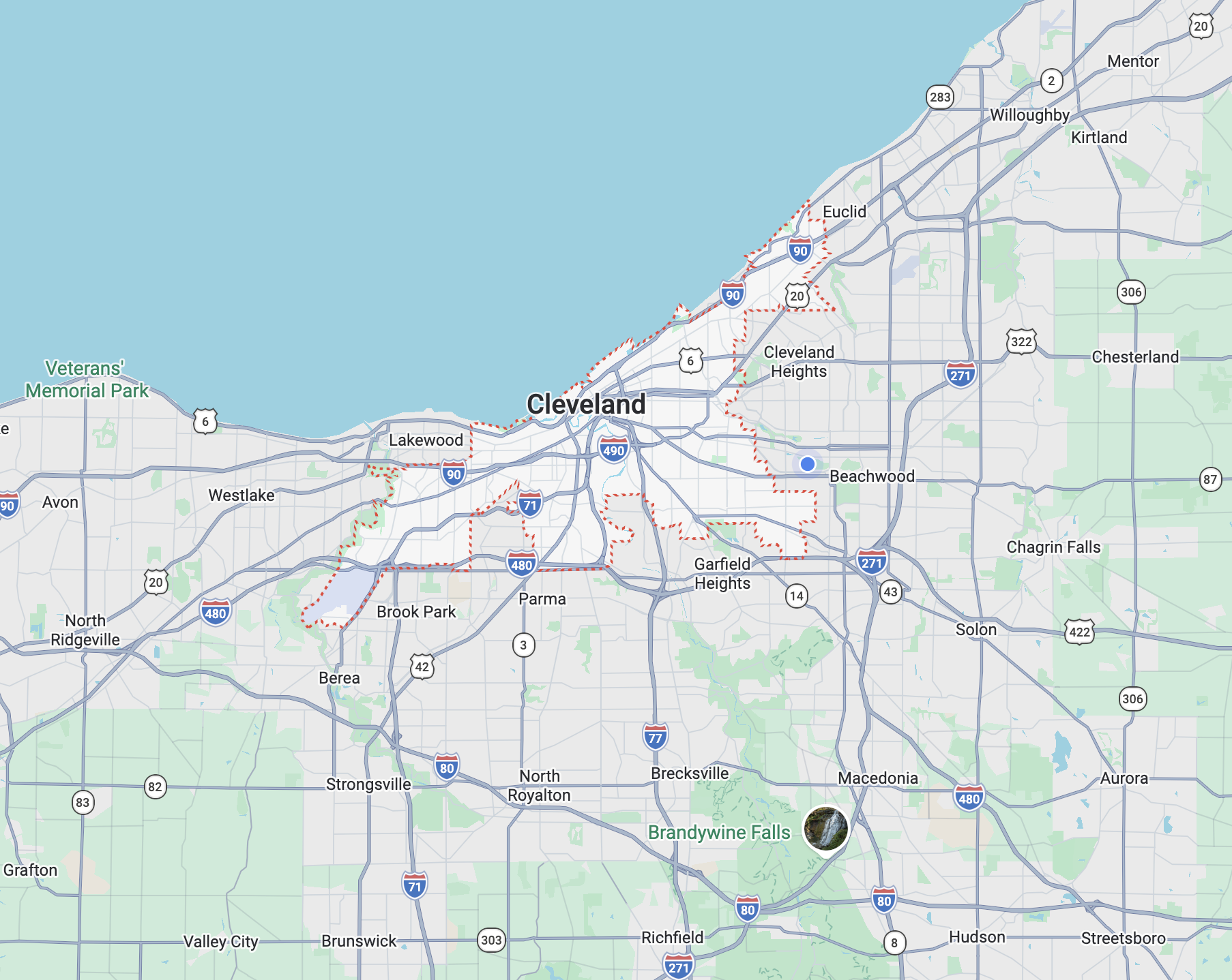 Map of Cleveland, Ohio area showing major highways, neighboring towns, and parks including Veterains' Memorial Park and Brandywine Falls.