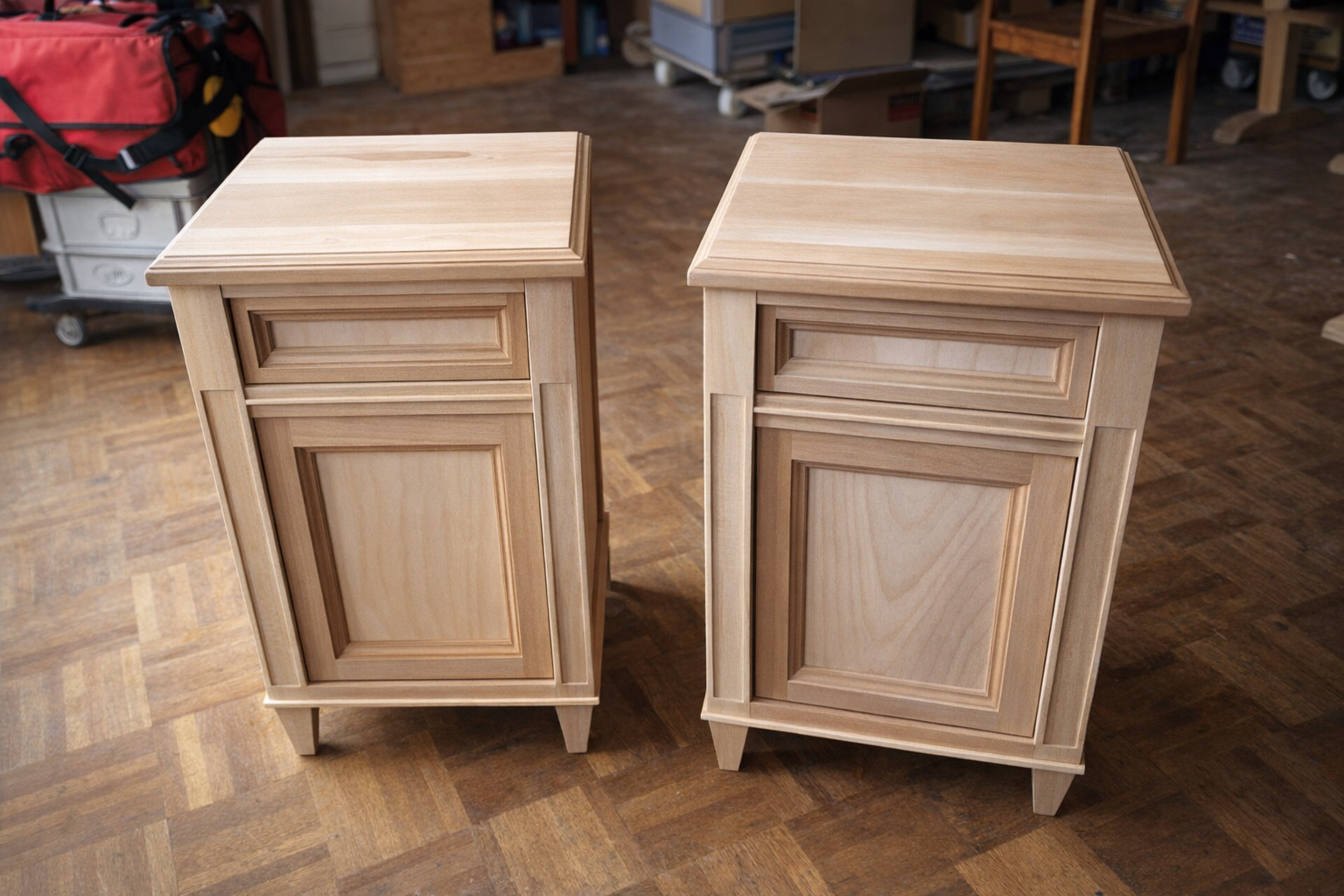 Zwei Holznachttische im Schreineratelier.