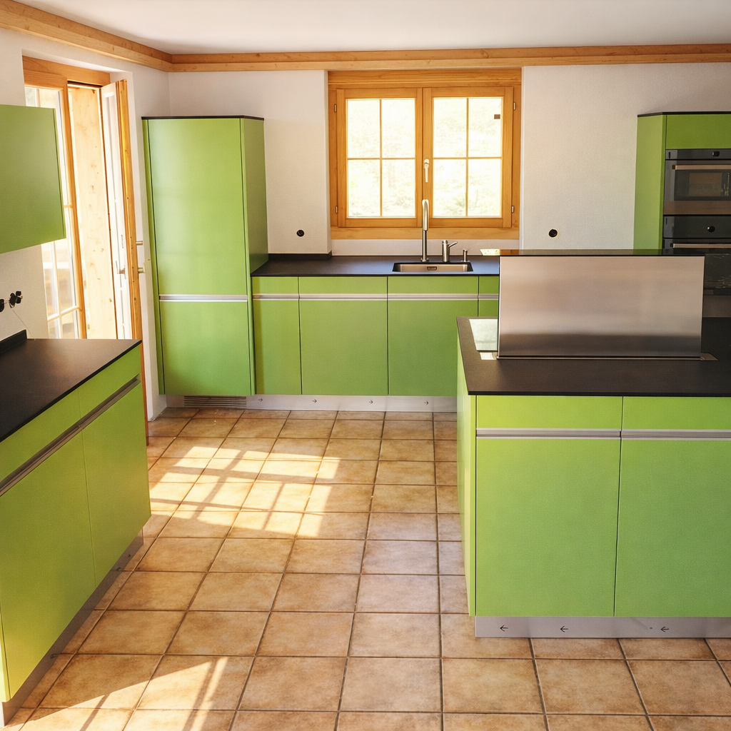 Moderne Küche mit grünen Schränken, Holzfenstern und Fliesenboden, viel natürlichem Licht.