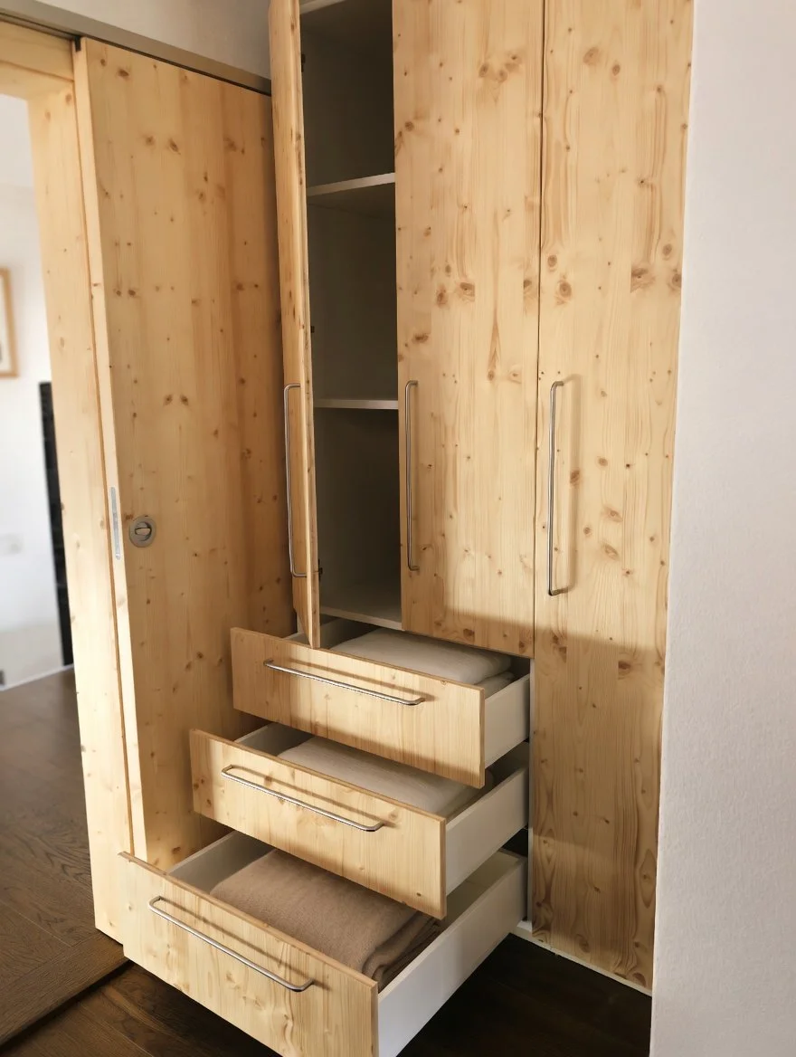 Ein Holzkastenschrank mit offenen Schubladen und Türen, und darin liegende Handtücher.