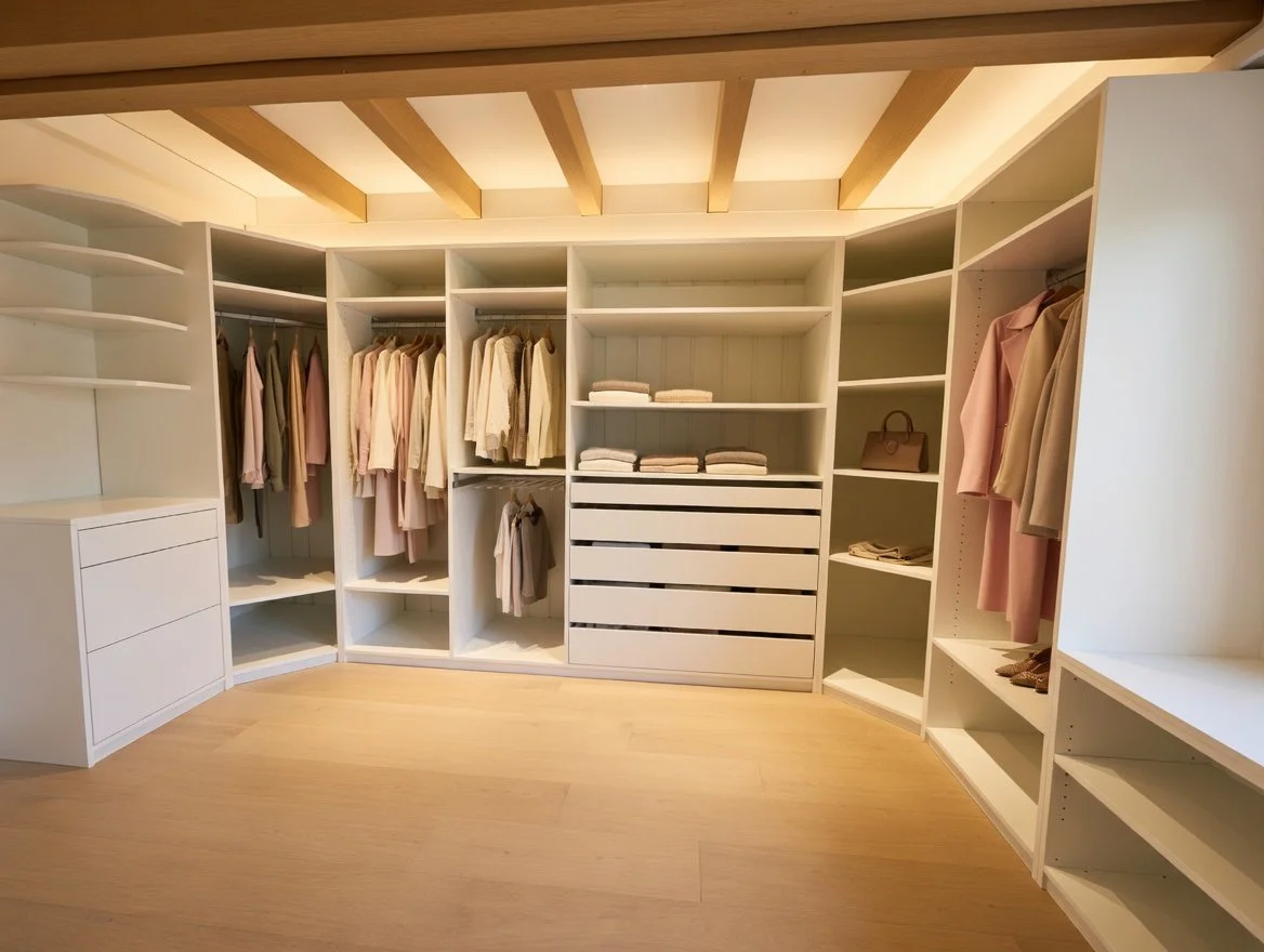 Ein weißer, maßgeschneiderter Kleiderschrank im Schlafzimmer mit geordneter Kleidung und Accessoires, under einem Holzbalkendecken.