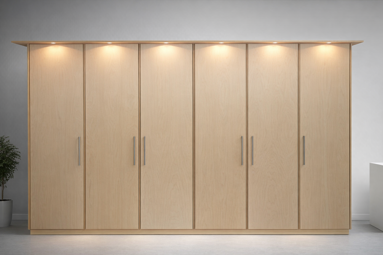 Ein Holzkasten mit sechs Türen und metallenen Griffen, beleuchtet von Deckenlampen, neben einer Pflanze und einer weißen Säule.