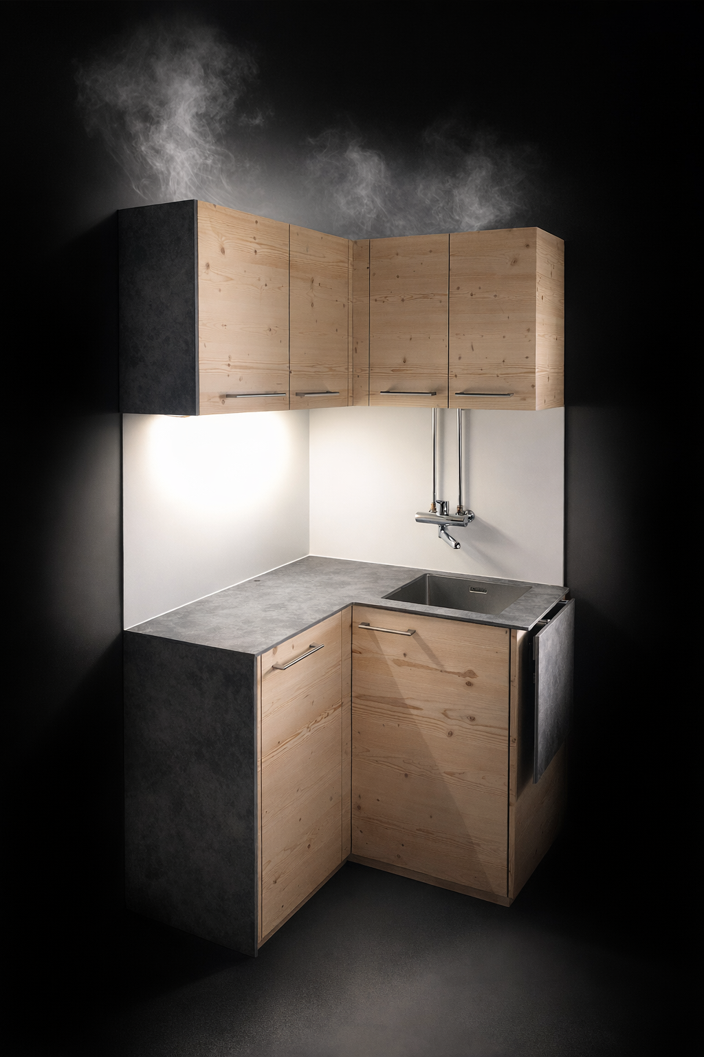 Kleine moderne Küchenzeile mit Holz- und Betonoptik, Schwarzkuppel und Wasserhahn, Dampf steigt aus der Ecke auf.