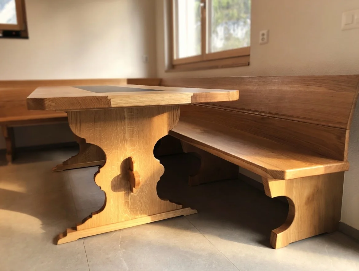 Ein Holztisch mit einer Bank daneben in einem Zimmer mit Fenster.