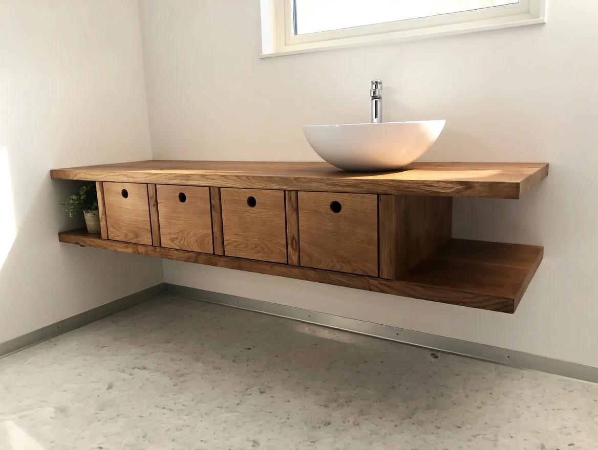 Ein Waschtisch aus Holz mit einer weißen Schüssel und Wasserhahn, daneben eine kleine Pflanze.