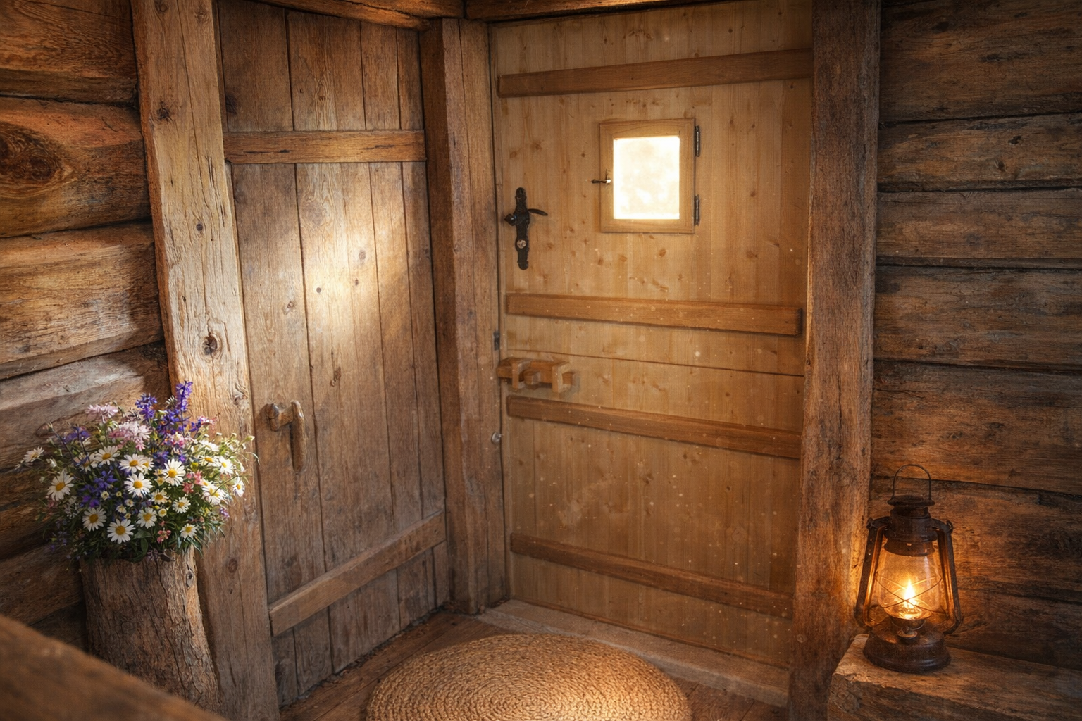 Innenansicht einer rustikalen Holztür mit kleinem Fenster, umgeben von Holzverkleidung und einem braunen Teppich, eine Laterne auf einem Holzblock, ein Kranz aus Blumen in einer Holzscheibe an der Wand.