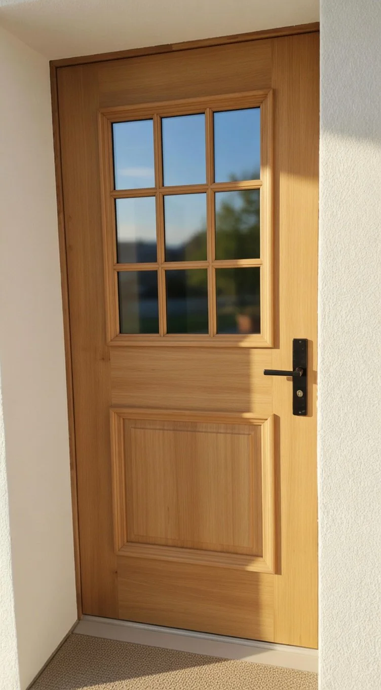 Holztür mit mehreren kleinen Glasfenstern auf der Oberseite, schwarzer Griff, vor weißer Wand, mit Blick auf die Außenseite, wo Bäume und Himmel sichtbar sind.