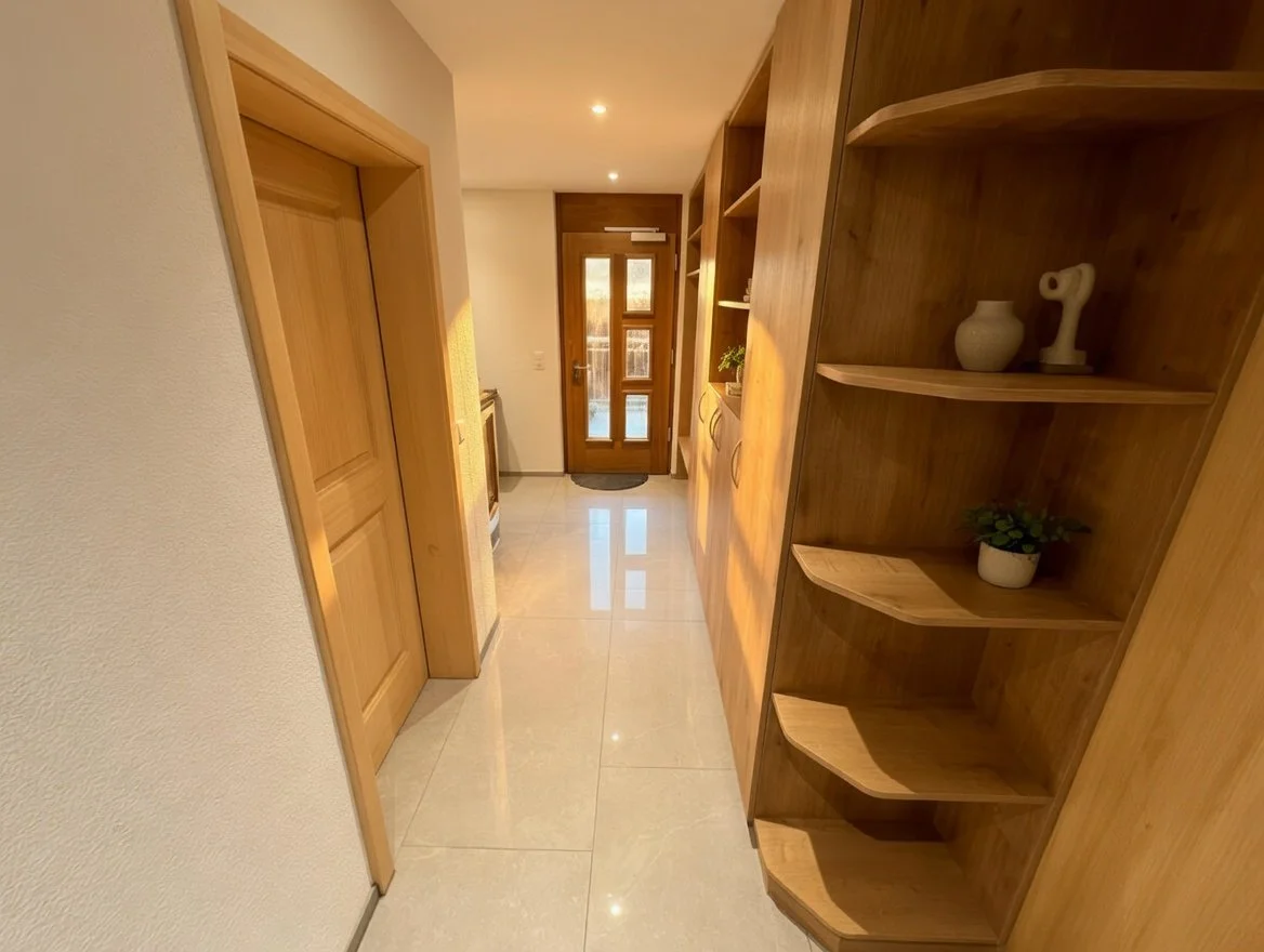 Ein Flur mit Holztüren, einem Holzregal mit Dekorationsgegenständen und direktem Ausgang nach draußen.