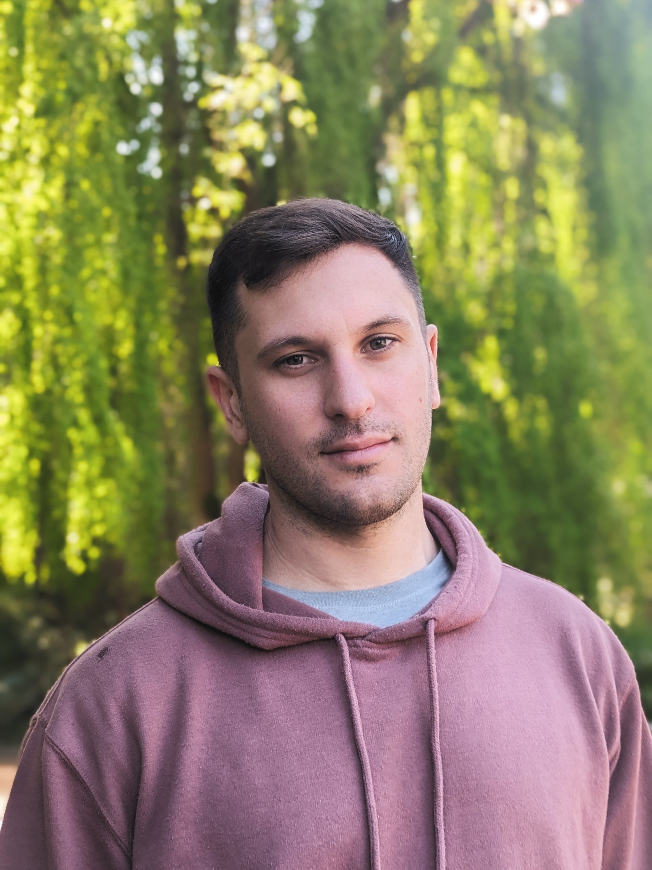 A young man with short dark hair and light skin, wearing a mauve hoodie and gray t-shirt, standing outdoors in front of a green, leafy forest.