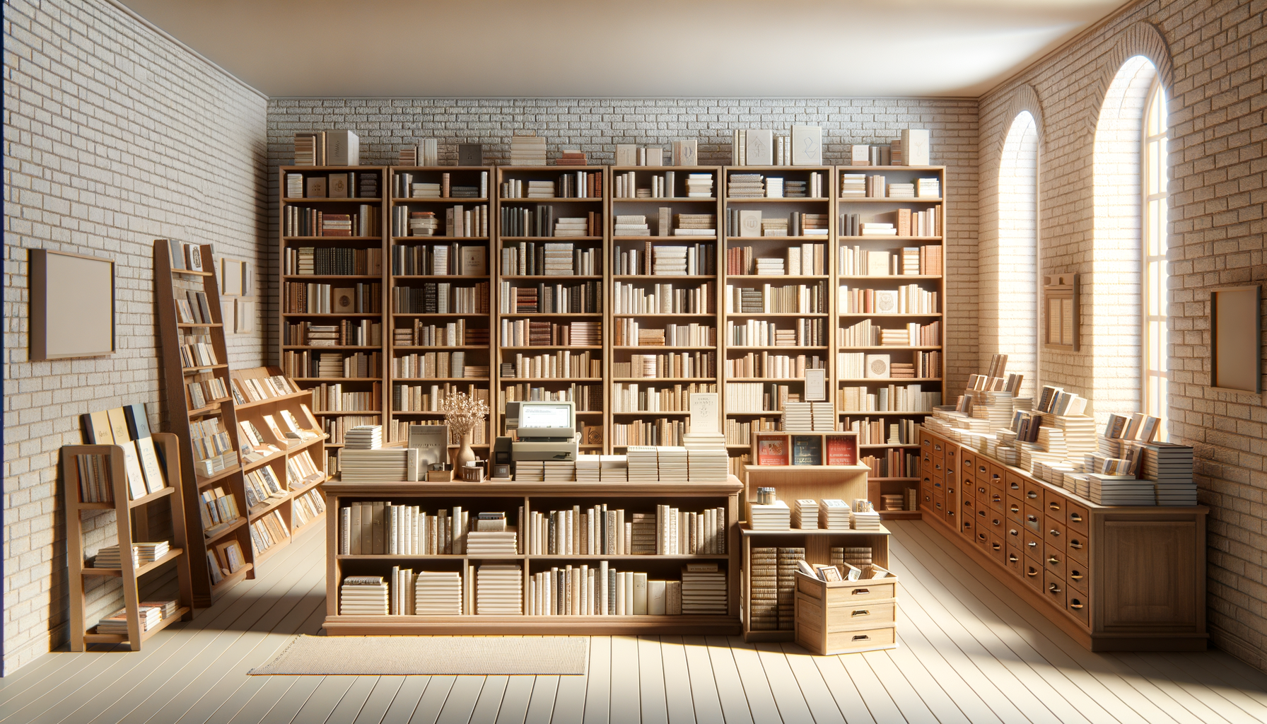 A well-lit bookstore with tall wooden bookshelves filled with books and a checkout counter.