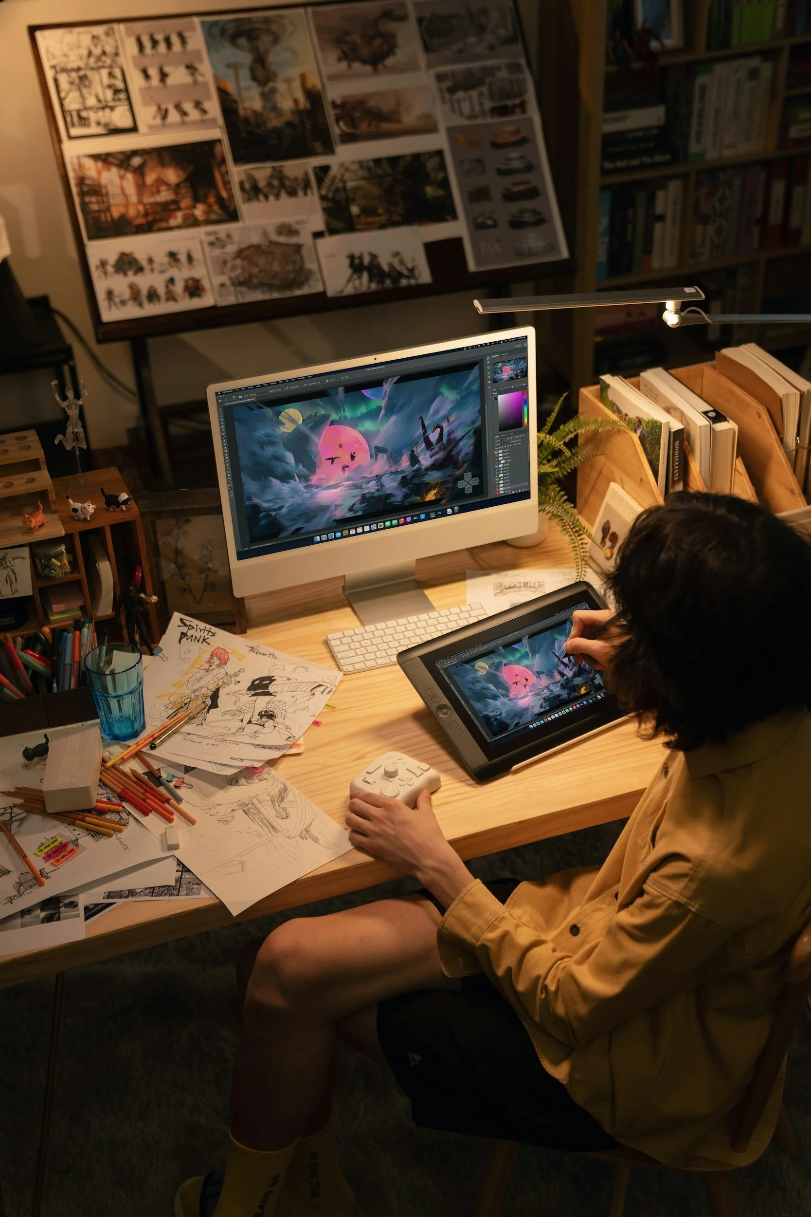 A person sitting at a cluttered wooden desk working on digital art of a fantasy landscape on a computer and graphics tablet with art supplies, sketches, and books nearby.