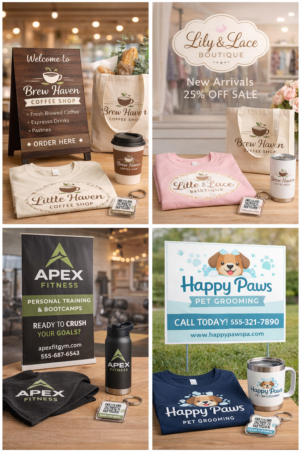 Top left: Coffee shop menu sign and paper bag with coffee shop branding, a travel mug, a t-shirt, and a keychain with QR code. Top right: Boutique display with branded paper bag, folded pink t-shirt, travel mug, and keychain with QR code. Bottom left: Fitness banner, water bottle, towel, and keychain with QR code. Bottom right: Pet grooming sign, t-shirt, travel mug, and keychain with QR code.
