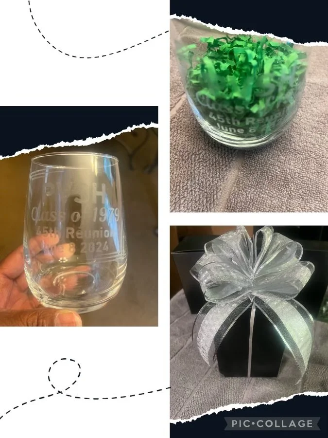 Collage of three photos: a glass with engraved text, a small container filled with green shredded paper, and a black gift box with a white ribbon bow.