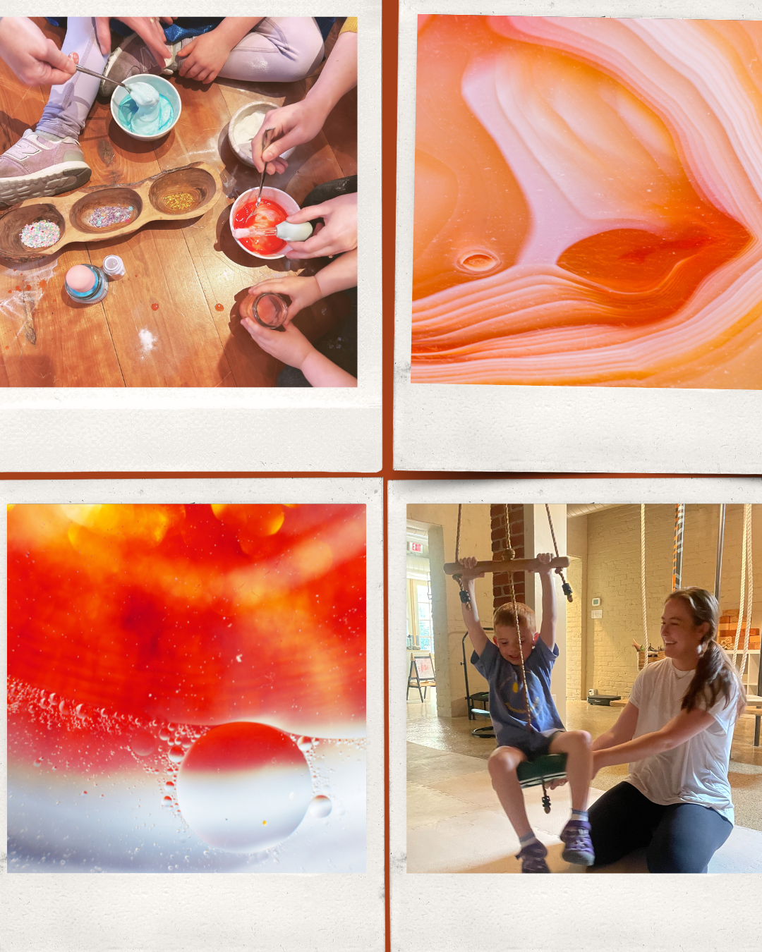 Top left: Children decorating cookies with colorful icing and sprinkles. Top right: Close-up of orange and pink swirling patterns, possibly on a gemstone or mineral. Bottom left: Abstract macro photograph of a red and white liquid droplet or bubble with a textured background. Bottom right: Child on a swing being pushed by a woman indoors, smiling and wearing casual clothes.