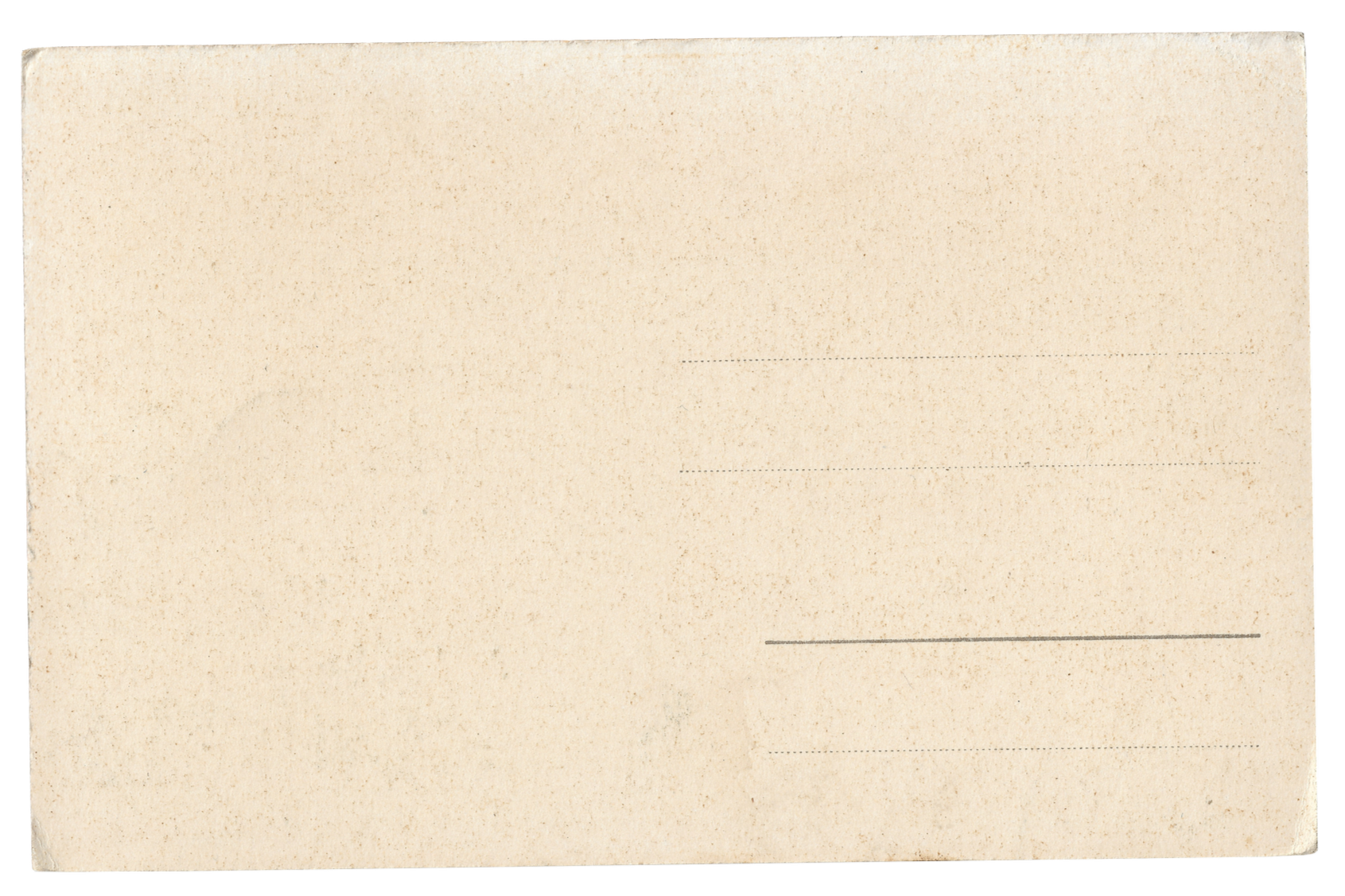 Blank vintage postcard with cream-colored, speckled background and faintly visible lines for address and message.