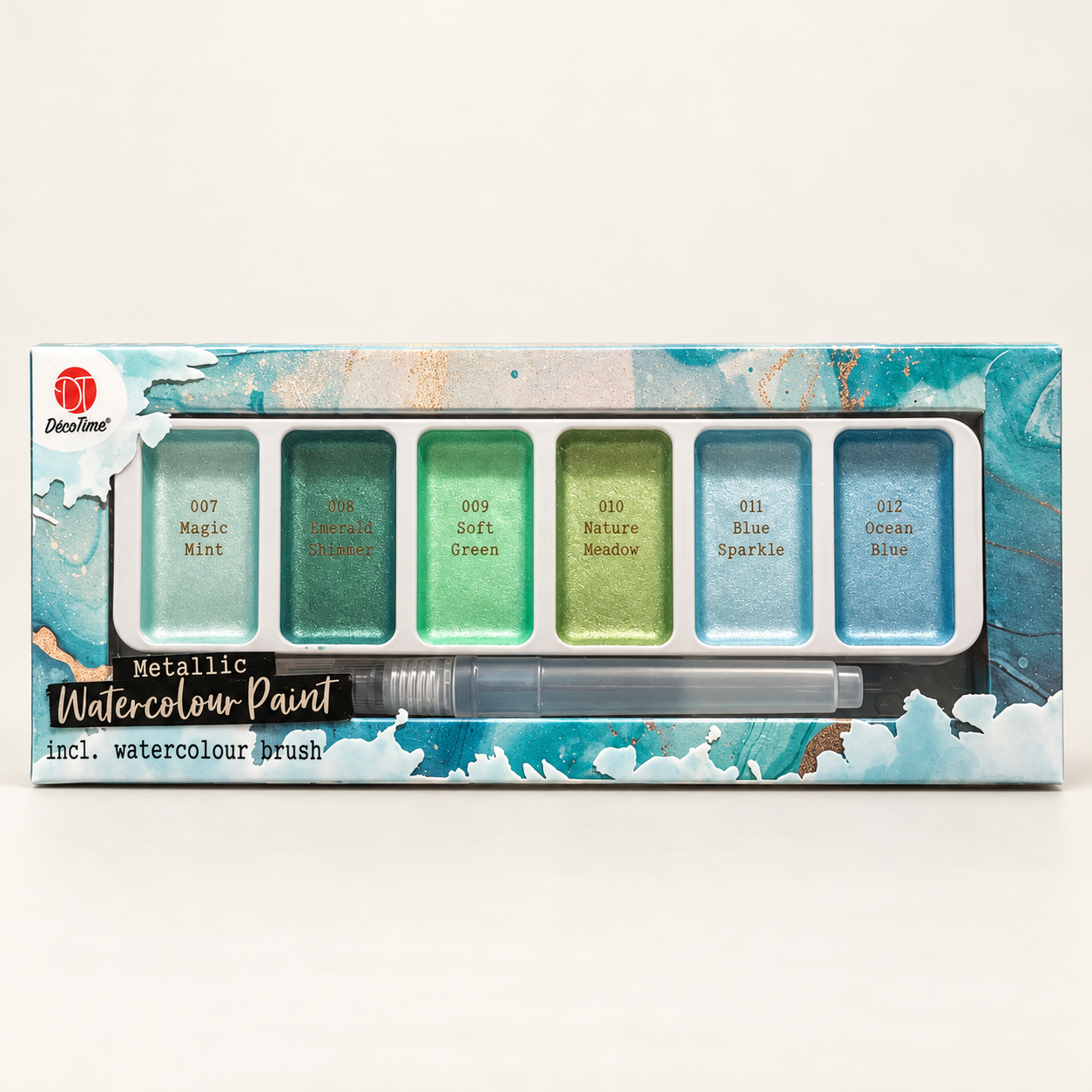 DécoTime Metallic Watercolour Paint — Green & Blue, 6 Colours with Brush