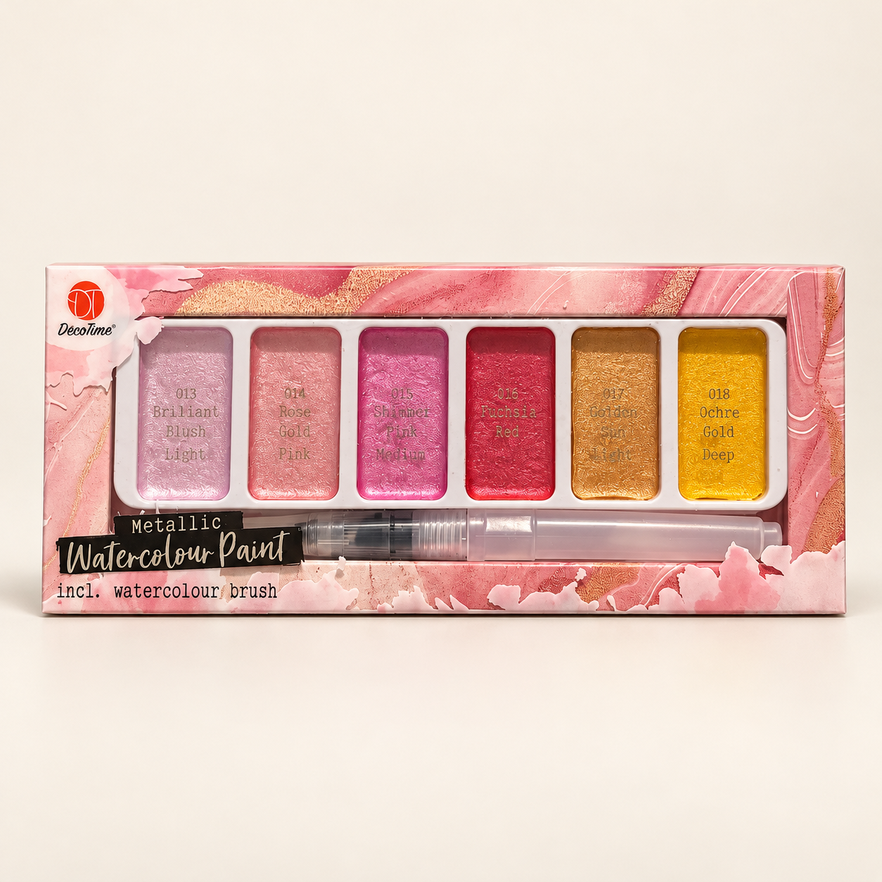 DécoTime Metallic Watercolour Paint — Pink & Gold, 6 Colours with Brush