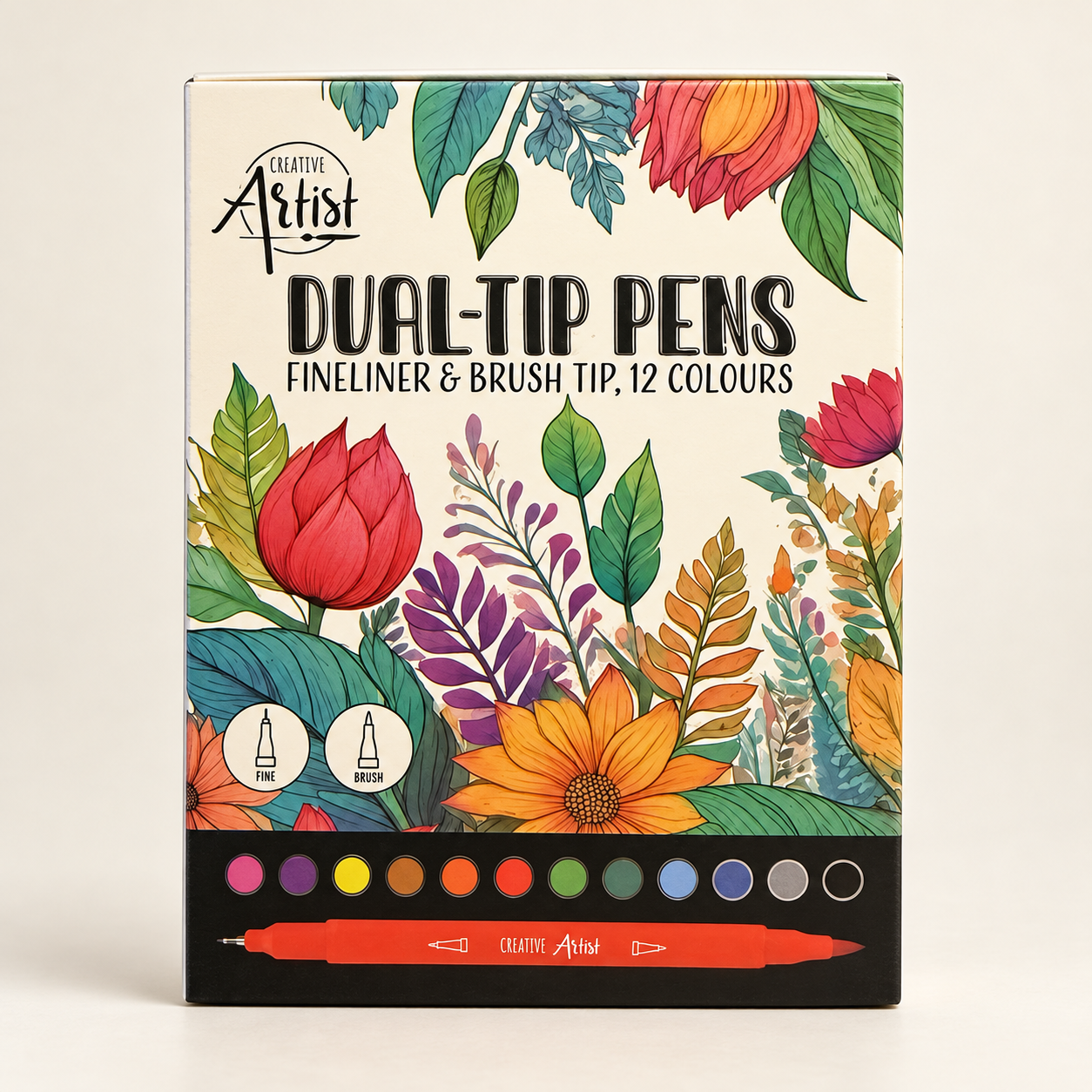 Creative Artist Dual-Tip Pens — Fineliner & Brush Tip, 12 Colours