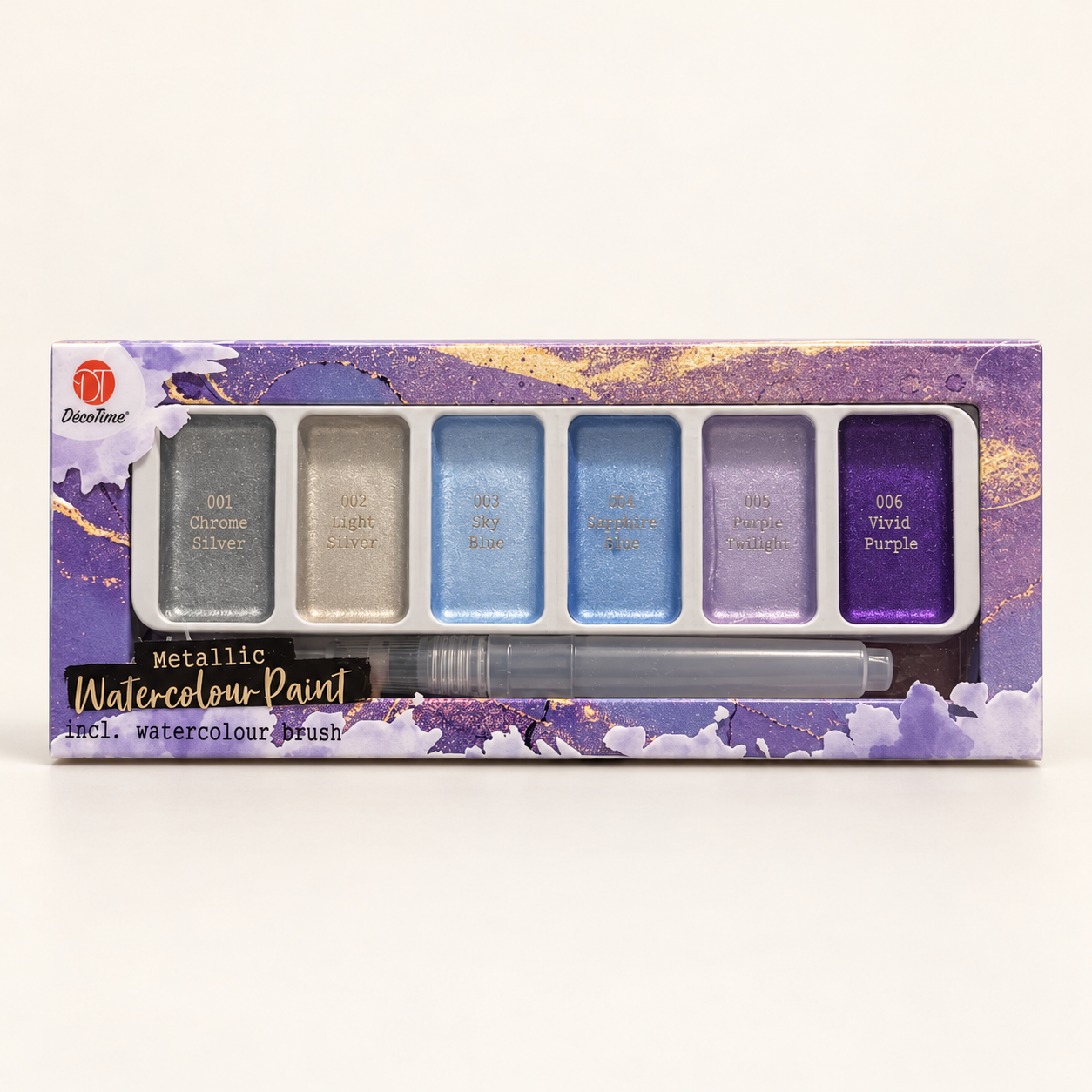 DécoTime Metallic Watercolour Paint — Silver, Blue & Purple, 6 Colours with Brush