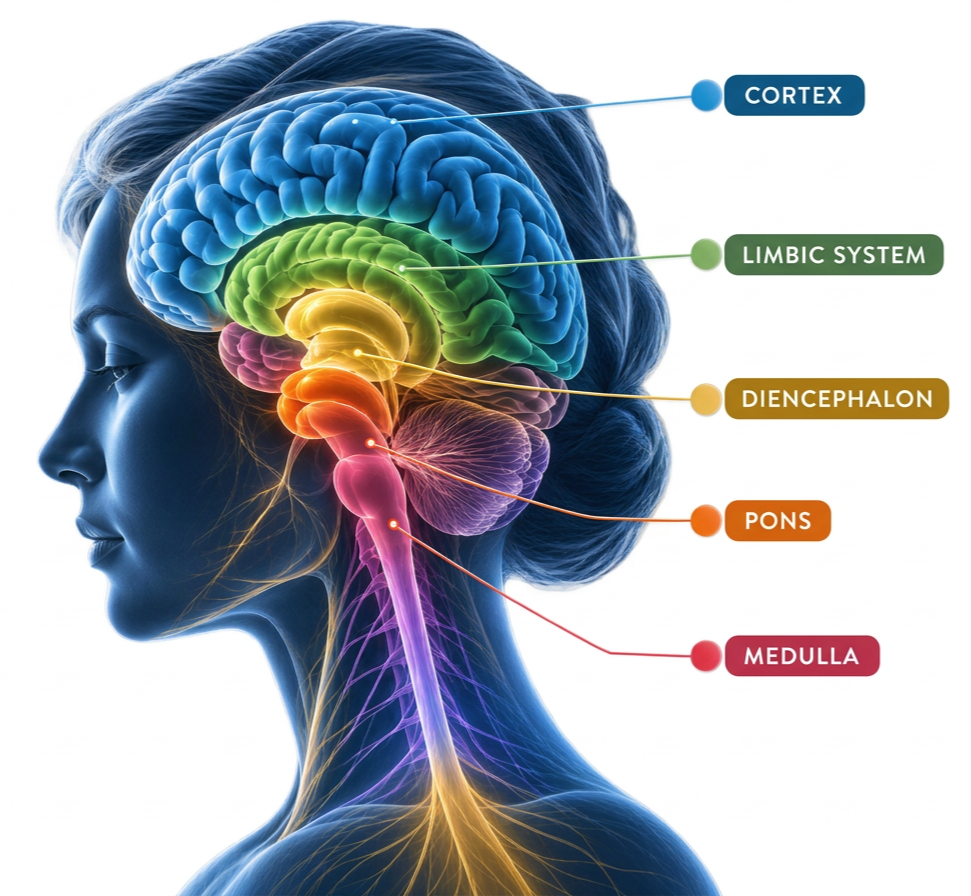 Illustration of a woman's profile showing different parts of the brain and nervous system, including the cortex in blue, limbic system in green, diencephalon in yellow, pons in orange, and medulla in red.