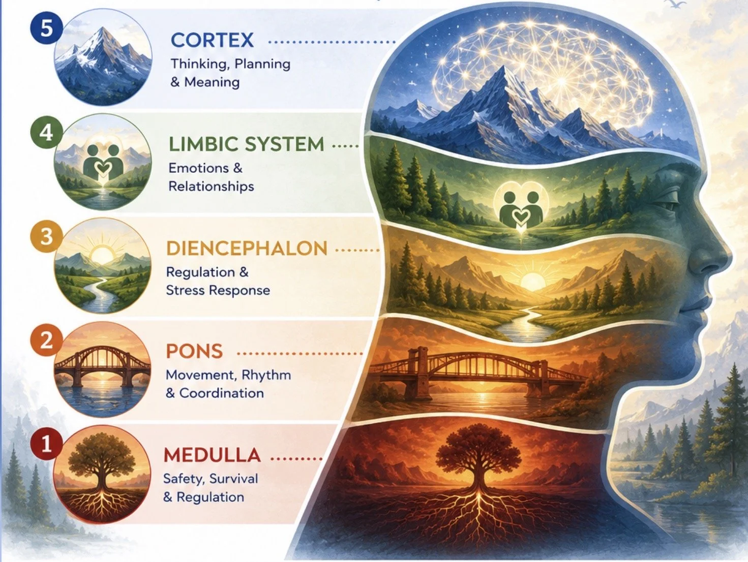 An infographic showing five layers of the human brain, each representing different functions. The bottom layer is a tree with roots, labeled 'Medulla' for safety, survival, and regulation. Above it, a bridge labeled 'Pons' for movement, rhythm, and coordination. The middle layer depicts a sun over mountains labeled 'Diencephalon' for regulation and stress response. The next layer shows two people with a heart between them, labeled 'Limbic System' for emotions and relationships. The top layer is a colorful network of interconnected points over a mountain range, labeled 'Cortex' for thinking, planning, and meaning.