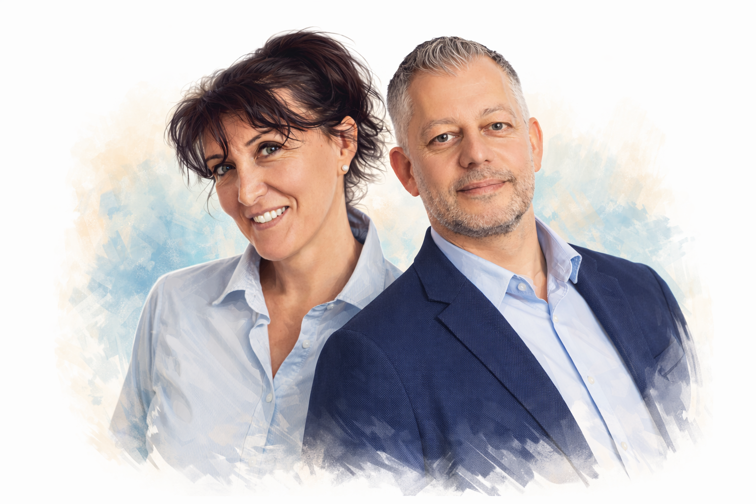 Mag.a Martina Mair & Dr. Stefan Hampl, professionell gekleidet, vor einem pastellfarbenen Aquarellhintergrund.