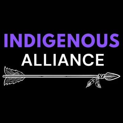 Indigenous Alliance logo with purple and white text on a black background and a decorative arrow.
