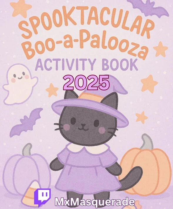 A Halloween-themed activity book cover titled 'Spooktacular Boo-a-Palooza 2025.' It features a cartoon black cat dressed as a witch with a purple hat and dress, sitting among purple and orange pumpkins. The background is light purple with cute ghosts, bats, stars, and sparkles.