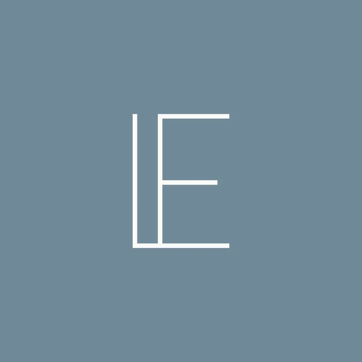 Minimalist logo with white letter E on a muted blue background.
