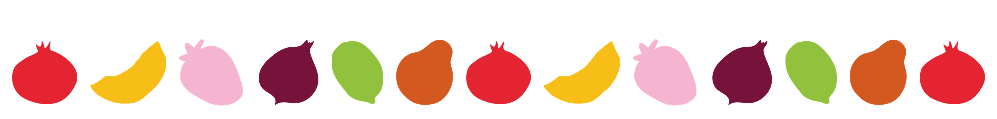 Colorful fruits including an apple, banana, onion, eggplant, lime, orange, and pomegranate arranged in a row. Graphic for Sprout Feeding Therapy.